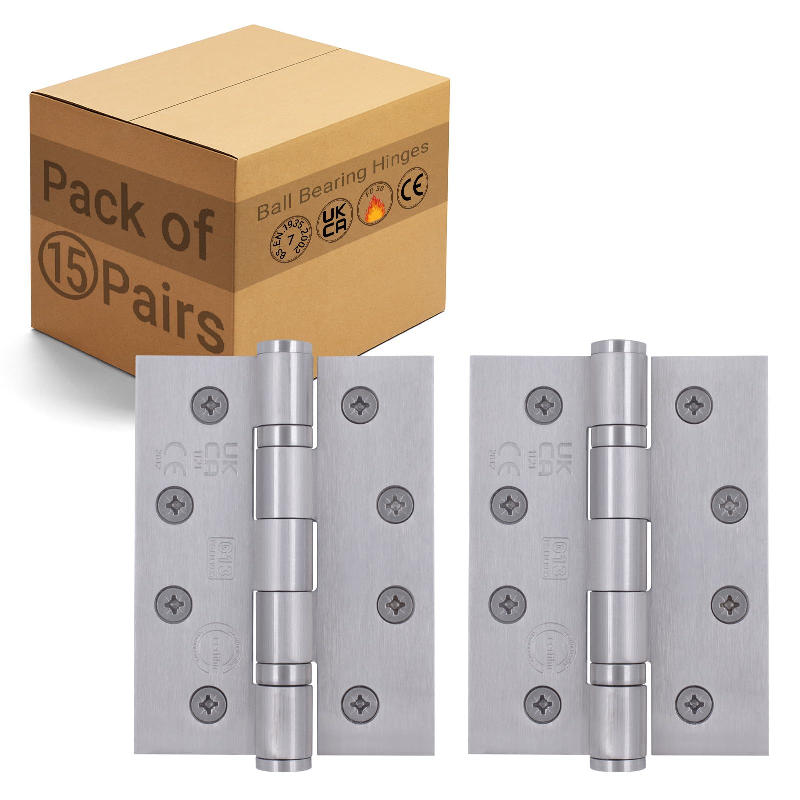 EAI Fire Door Hinges Satin Stainless Steel Heavy Duty Fire Rated Ball Bearing Internal Hinges, 4 Inch/102mm, 15 Pairs