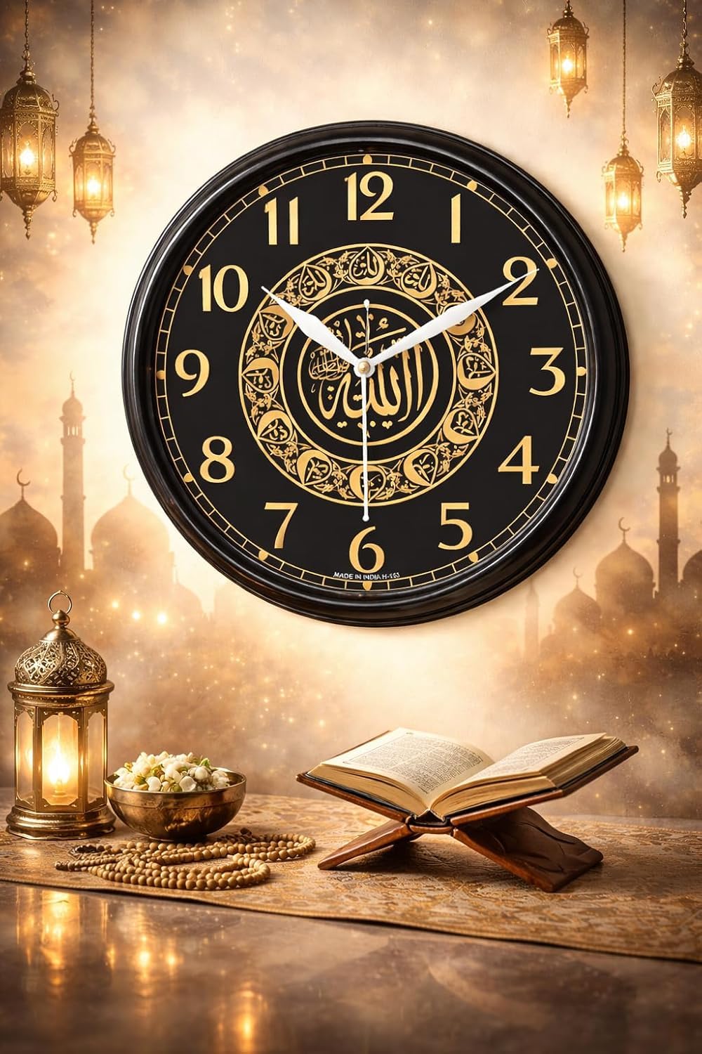 Islamic Allah Wall Clock – Black & Gold Arabic Calligraphy Round Silent Analog Clock for Living Room, Bedroom & Prayer Room Decor
