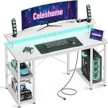 Coleshome Gaming Desk with LED Lighting, 120 x 50 cm Table Desk with 2 Sockets and 2 USB Ports, Computer Desks with Monitor Stand, Desks for Home Office, White