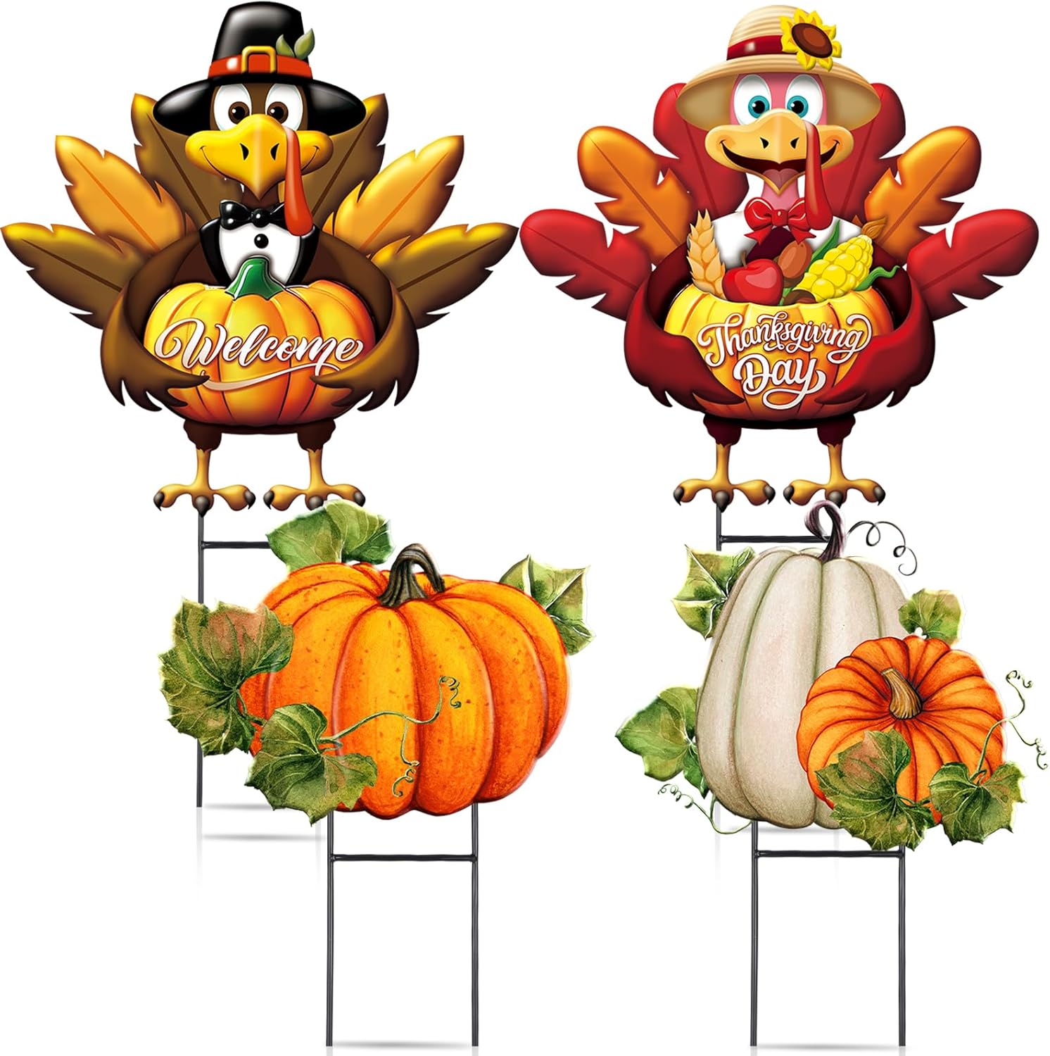 4 Pcs Thanksgiving Turkey Metal Yard Decorations Outdoor Pilgrim Turkey Decorative Garden Stakes With Stakes Large Fall Pumpkin Yard Sign for Thanksgiving Autumn Farmhouse Patio Outdoor