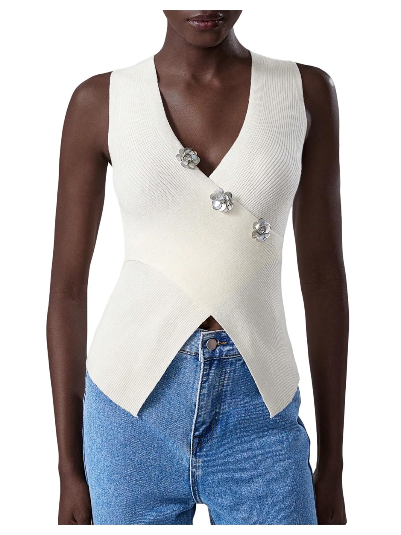 Women's 3D Floral V Neck Sweater Vest Wrap Split Sleeveless Fitted Knitted Tank Tops