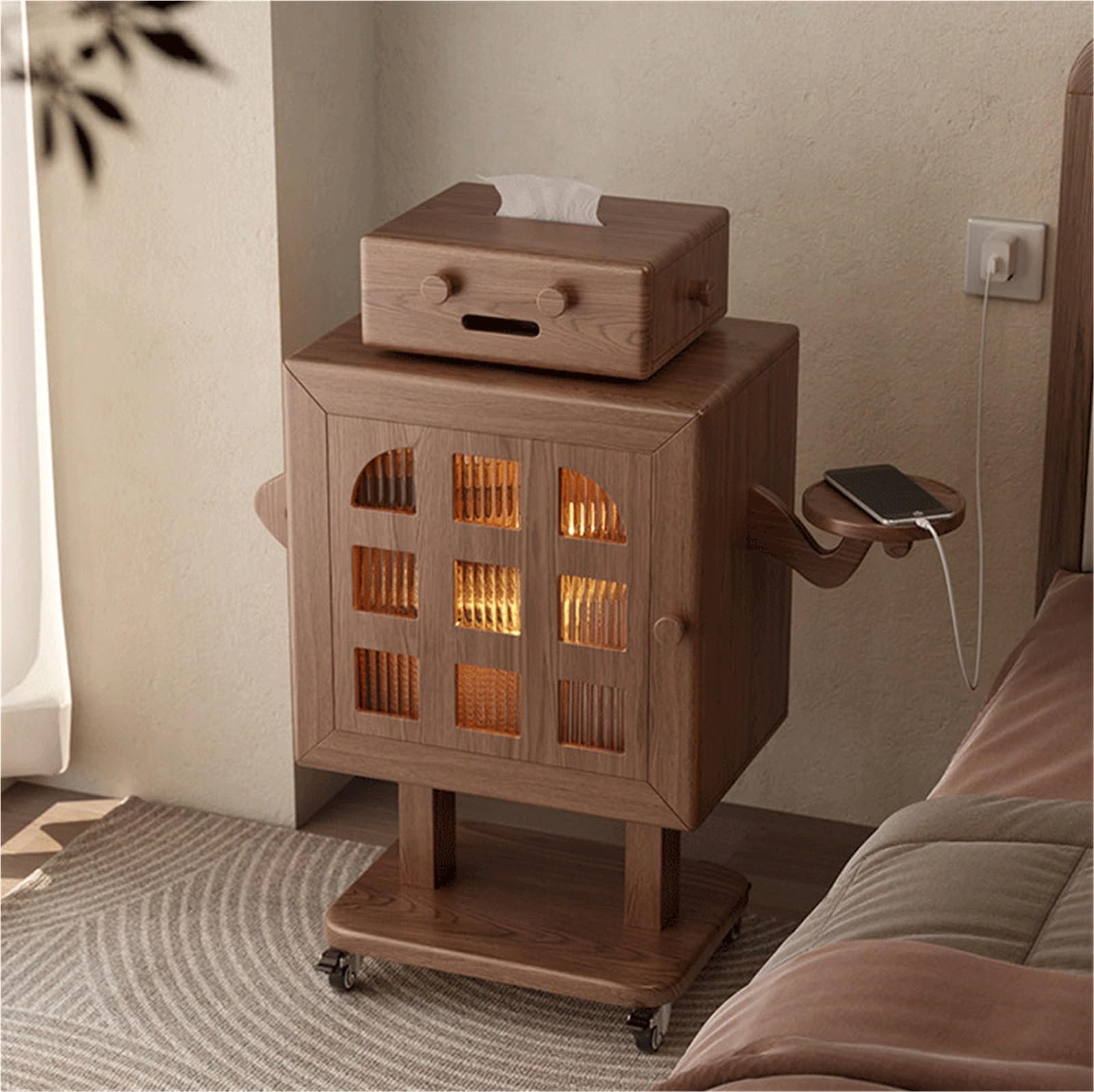 Nachttisch Movable Solid Wood Bedside Table Suitable for Bedrooms | With wheels storage cabinet vintage cream style