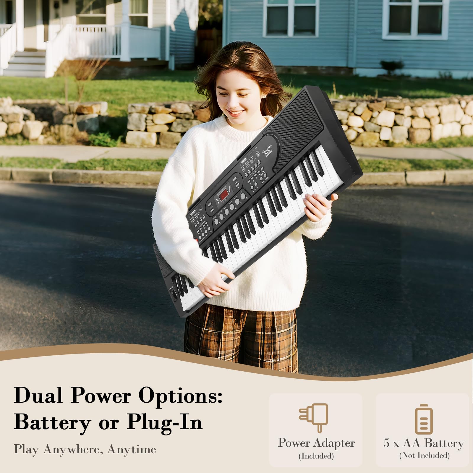 Pianola Elettrico 61 Tasti, Portatile Tastiera Pianoforte Digitale con Doppio Alimentatore, Leggio per Spartiti, Adesivi per Note Pianoforte, Microfono Cuffie, Tastiera Musicale per Principianti