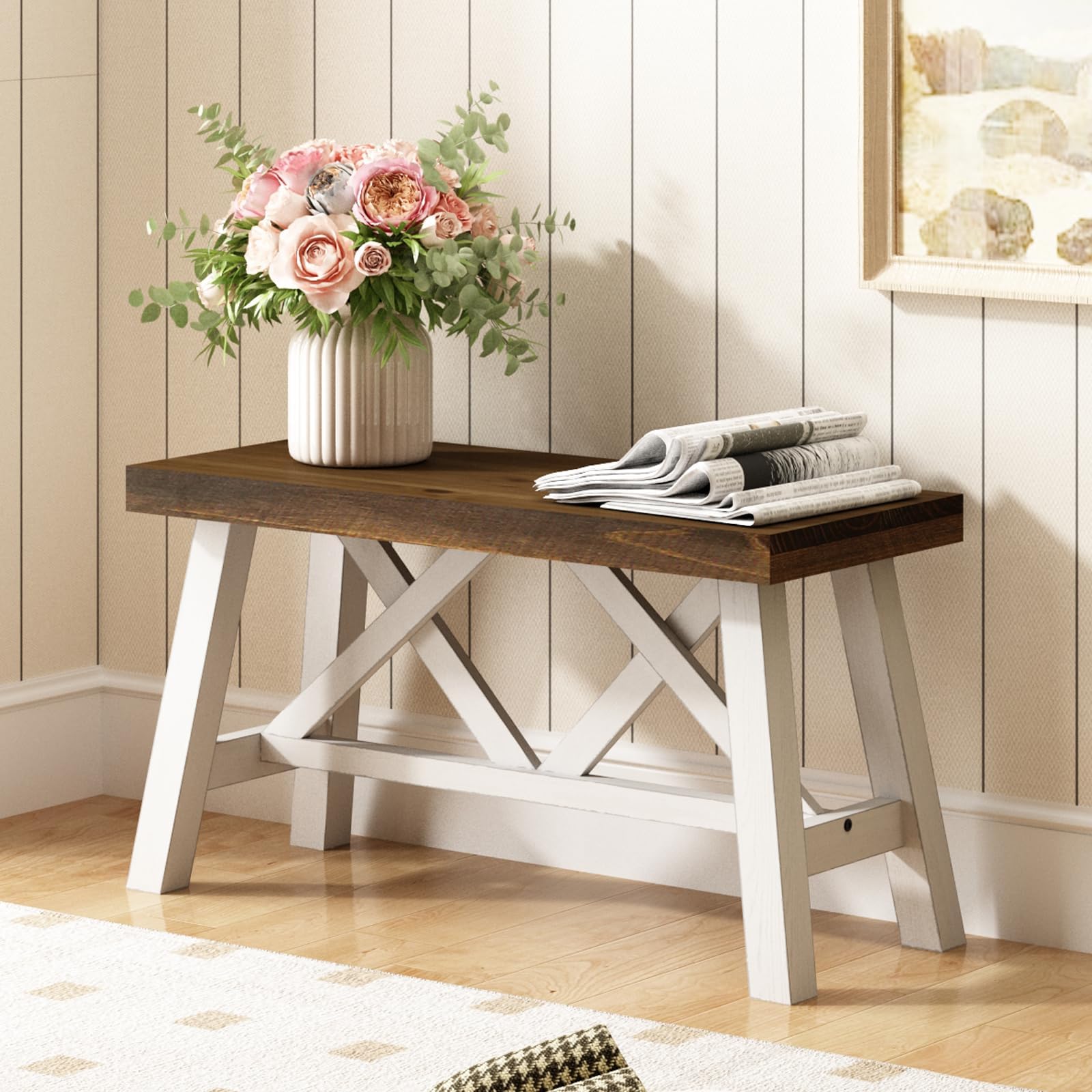 Wnutrees 30" Farmhouse Wood Bench, Rustic Solid Wood Entryway Bench Seat with Double X-Structure for Dining Room, Living Room, Hallway, Structural Stability, White