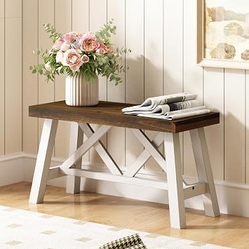 Wnutrees 30" Farmhouse Wood Bench, Rustic Solid Wood Entryway Bench Seat with Double X-Structure for Dining Area Living Room Hallway, Structural Stability, White