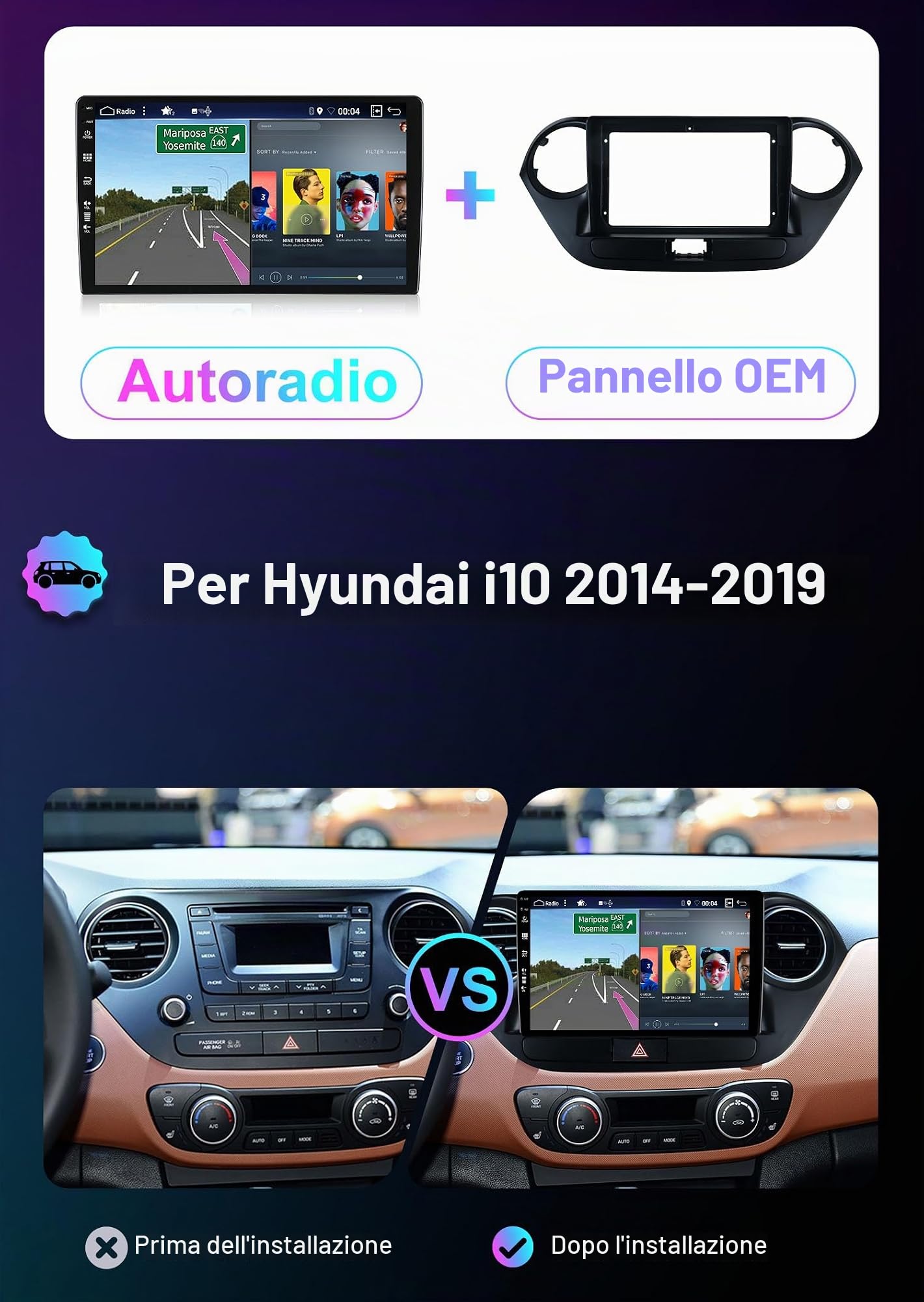 Android 14 2 Din Radio con navigazione per Hyundai i10 2014-2019- [Integrato CarPlay/Android Auto/DSP/GPS]-IPS 9 pollice Touch screen-DAB/Bluetooth 5.0/Controllo del volante
