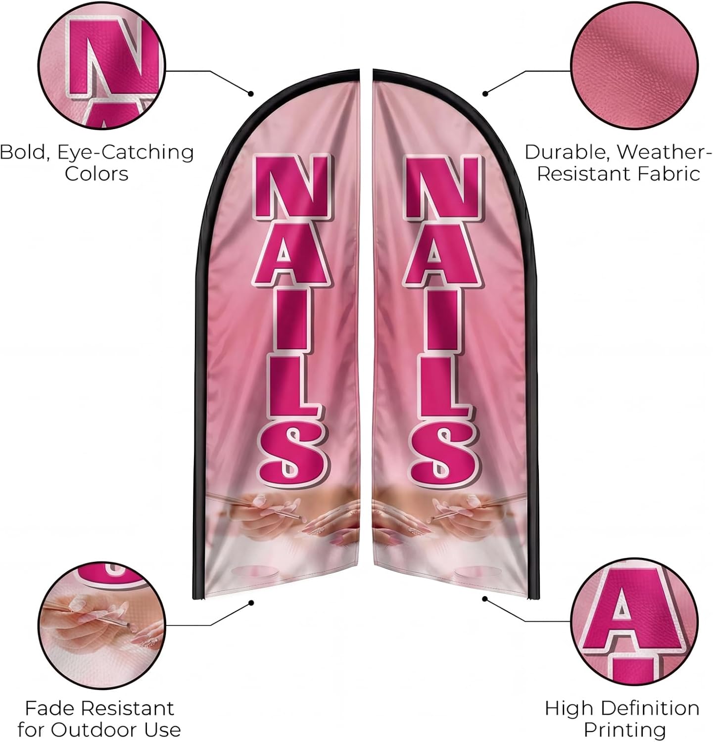 Nails Flag for Business, Nails Signs, 8FT Polyester Advertising Swooper Flag with Aluminium Alloy Flag Pole Kit, Stainless Steel, Ground Spike, Portable Bag