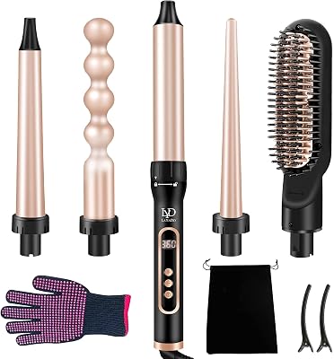 LAYADO 5 in 1 Curling Iron, Curling Wand Set with Hair Straightener Brush & 4 Interchangeable Ceramic Curling Wand 0.35-1.25, Instant Heat Up Hair Curler with LCD Display Temperature Adjustment