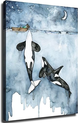 Orca Painting Watercolor Whale Painting Orca and Girl Canvas Poster Print Picture Wall Art Retro Painting Aesthetics Decor Home Room Bedroom