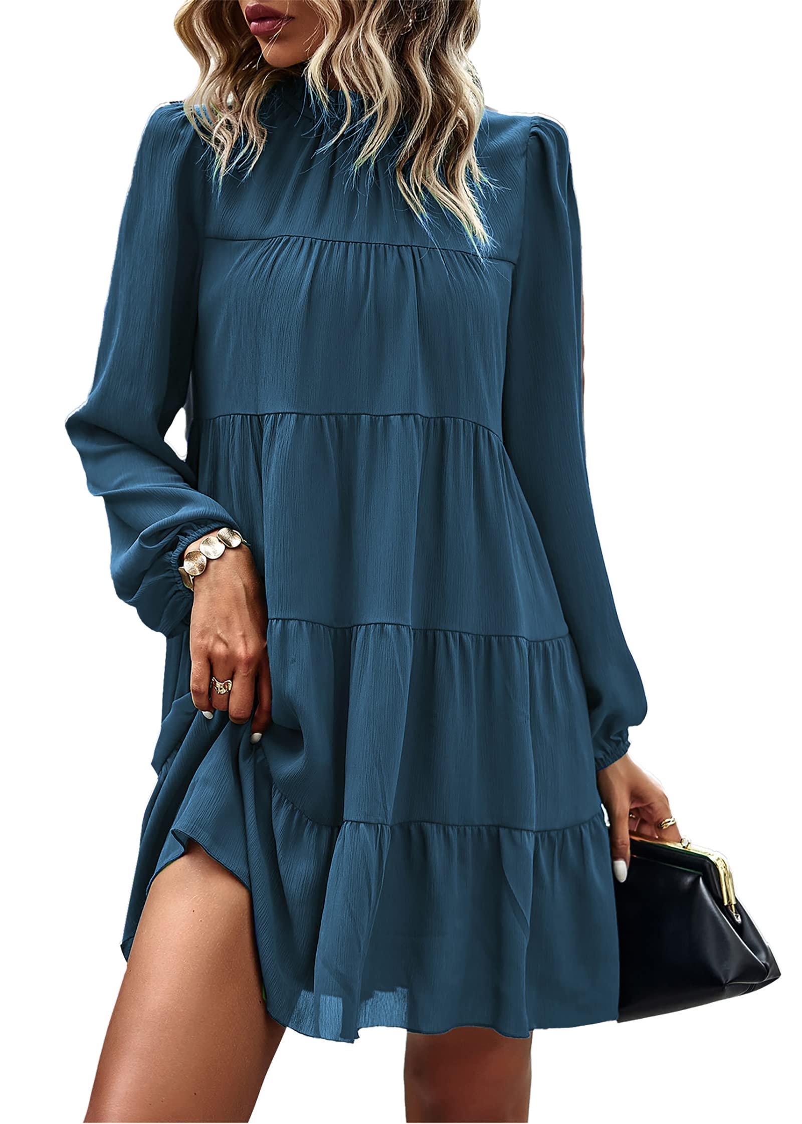 KIRUNDO2023 Women's Spring Summer Long Sleeve Ruffle Mock Neck Tiered Mini Babydoll Dress Casual Swing Tunic Shift Dresses