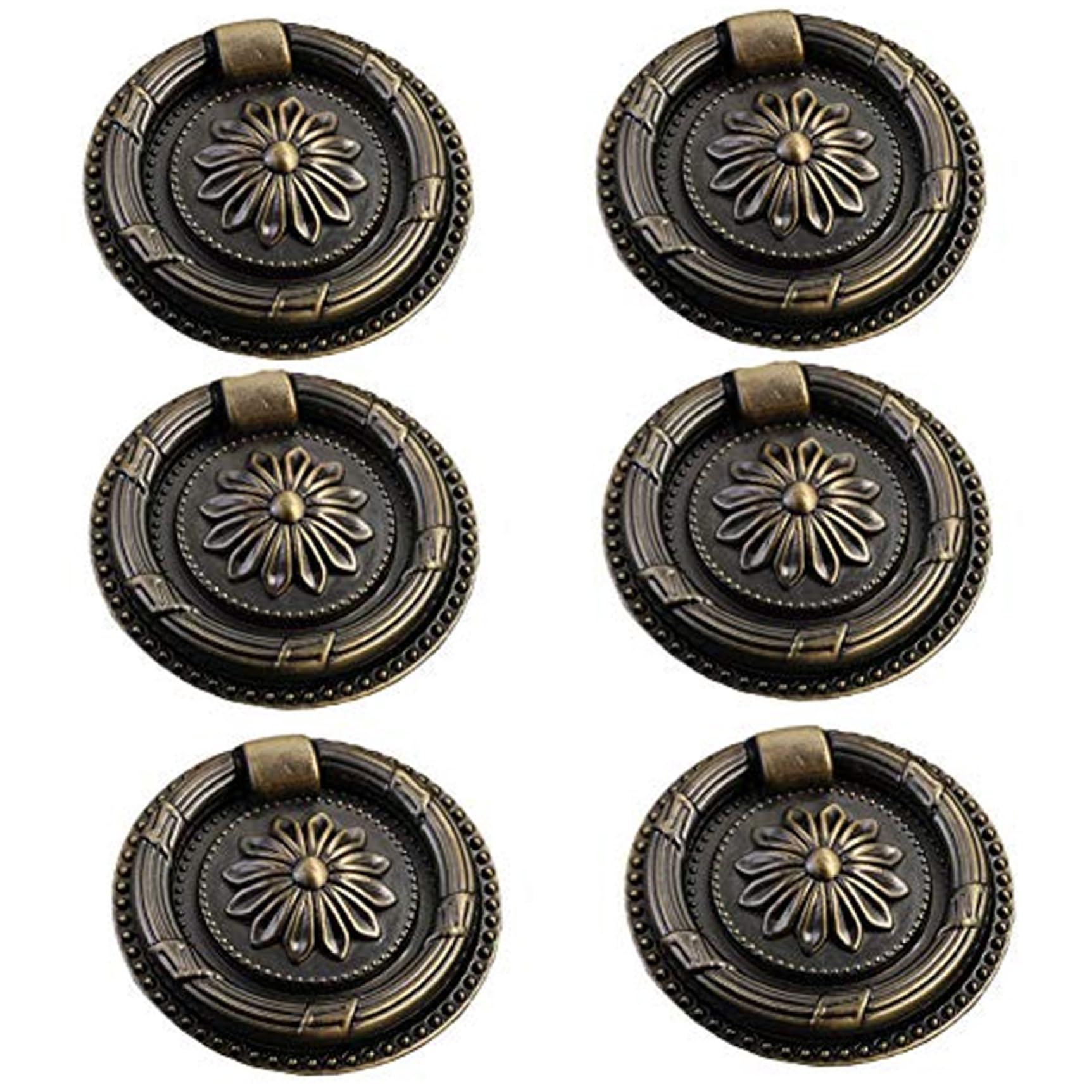 Dorccsi 6Pcs Antique Drawer Pulls, 2 Inch Diameter Vintage Drawer Pulls, Oil-Rubbed Bronze Ring Handle Knob for Cabinet, Dresser, Cupboards Dresser Handles Antique Brass Cabinet Vintage