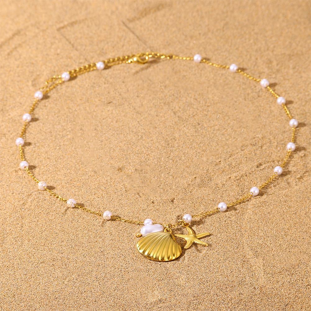 Shell Starfish Pearl Necklace Imitation Pearl Chain Necklace Gold Sea Shell Star Necklace Pendant for Women Dainty Summer Holiday Beach Surfer Jewelry Gift - Image 3