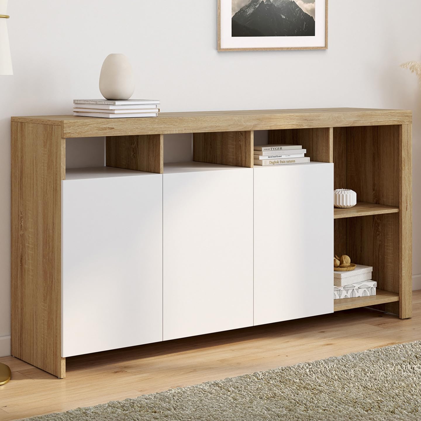 IDMarket - Buffet 140 cm Malo Bois façon hêtre et Portes Blanches