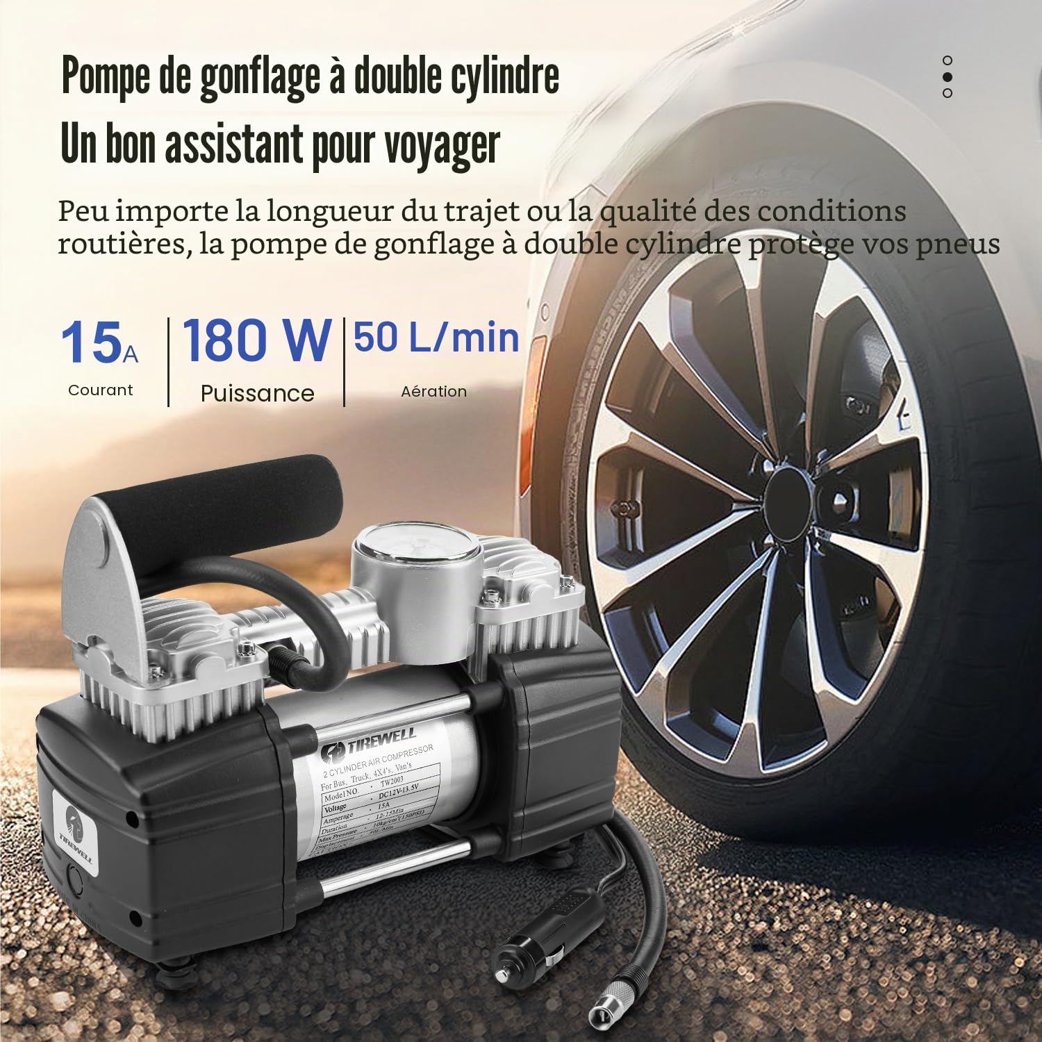 TIREWELL 12 V Gonfleur de pneu - Heavy Duty double cylindres Direct Drive Métal Pompe à Pression maximale, Compresseur d'air avec pince de batterie et extension de 5m Tuyau d'air, SUV/camions/Vans/RV