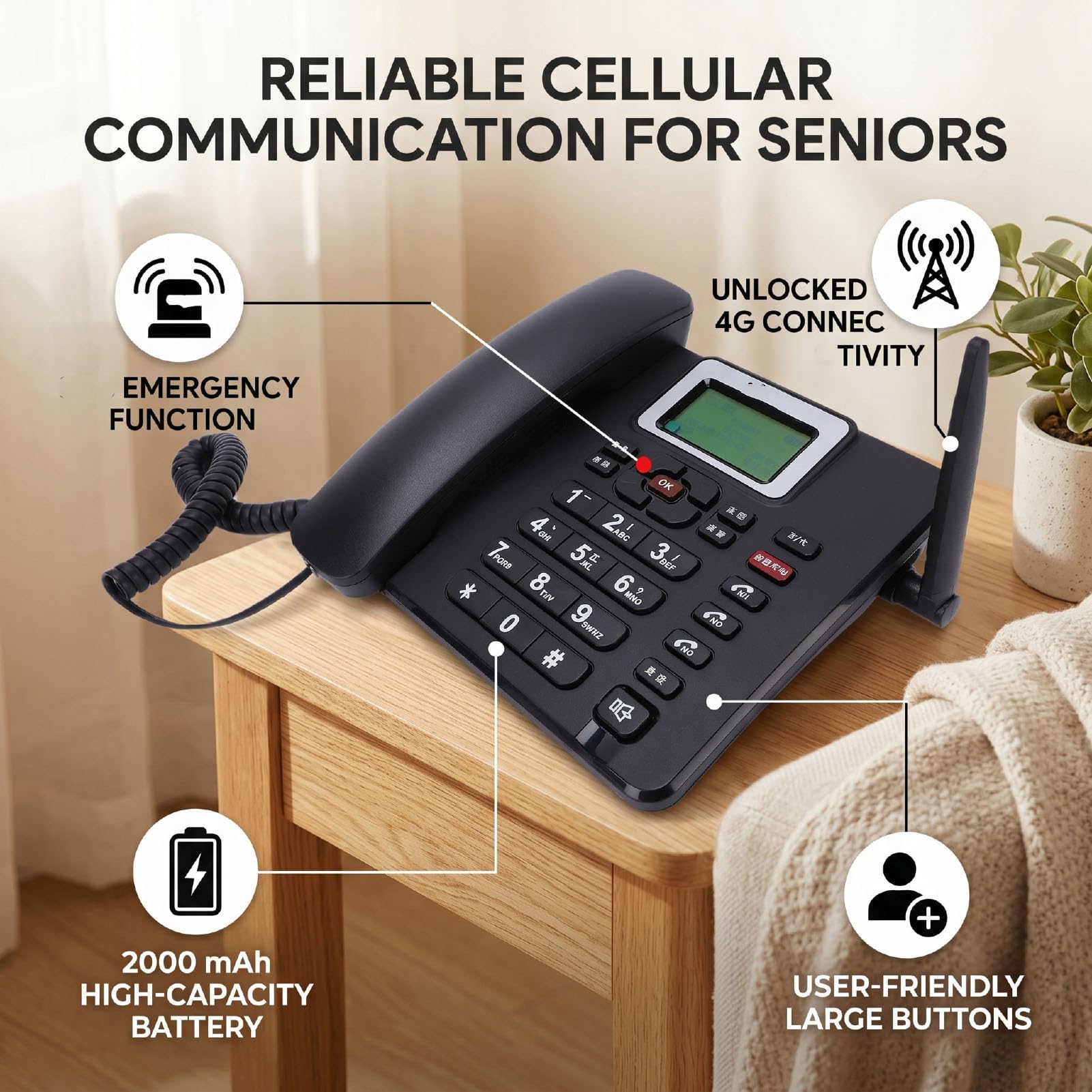 Fockety Telefono da Tavolo Classico GSM Wireless, Telefono Cordless Fisso Mobile Sbloccato 4G con Chiamata di Emergenza SOS, Cellulare retrò per Lavoro o Famiglia