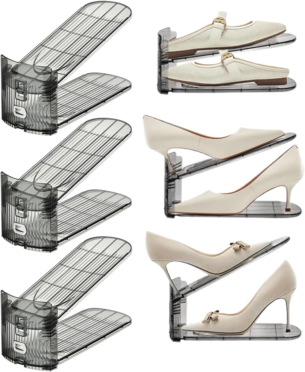 Footwear Slot Organizer- Shelf Shoe Arrangement Tool, Riser Holders Two Level Slots for Space Saving, Non Skid Storage System for Bed Door Closet Dorm Garage Bedroom Use