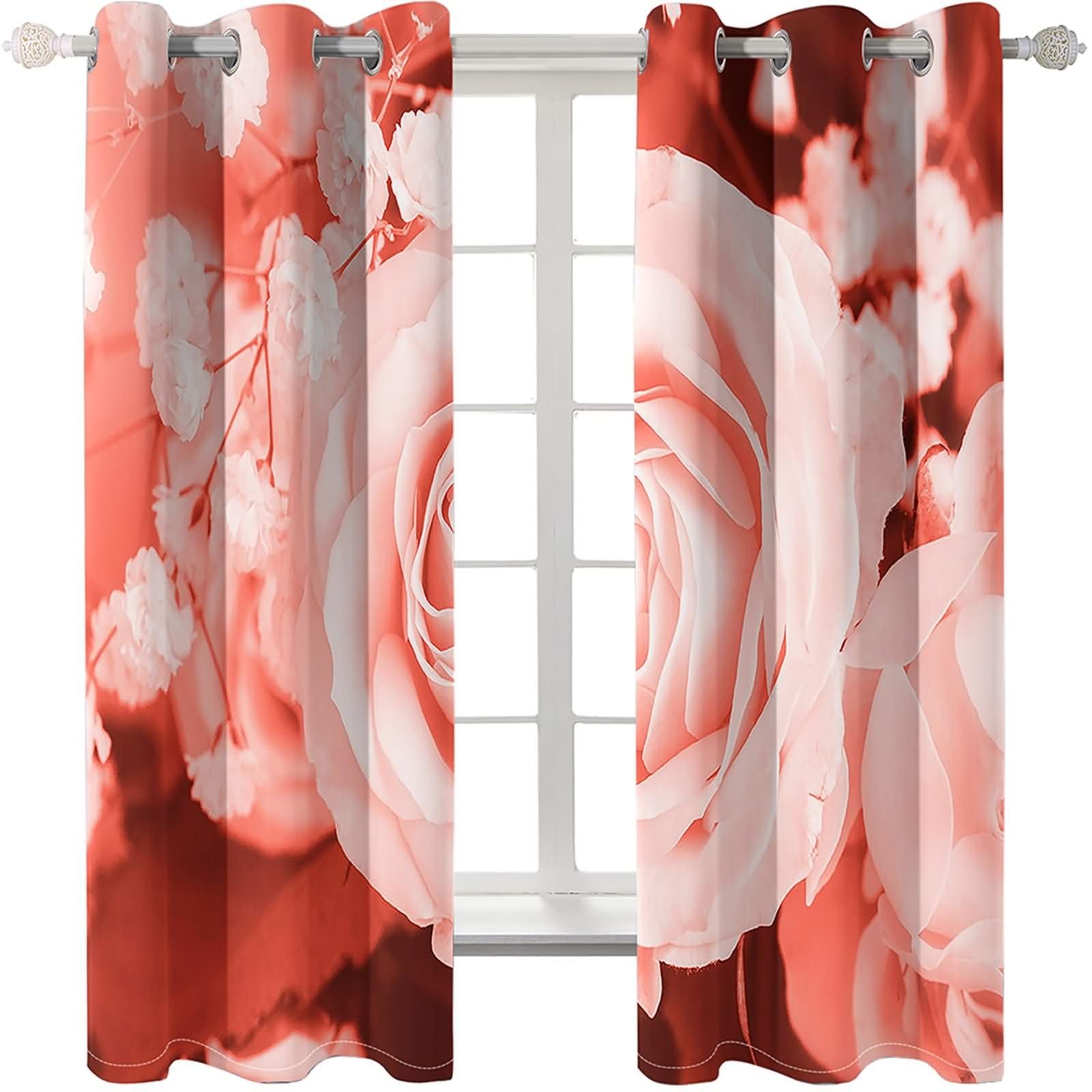 2er Pack Blickdichte Vorhänge Thermo,2 x 244W x 229H cm,Gardinen Set Ösen Rosa Blumenmuster Rot Rose Vorhänge für Küchen Modern