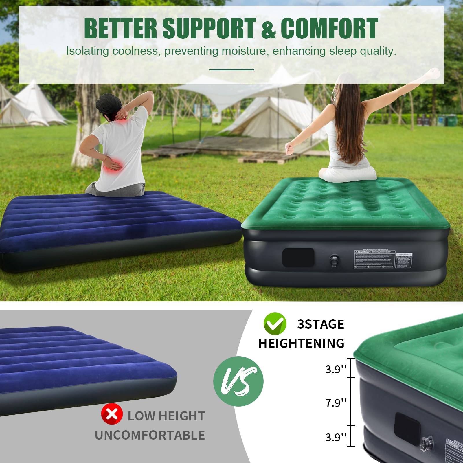 ayamaya Queen Camping-Luftmatratze mit kabelloser eingebauter Pumpe, 40,6 cm, luxuriöse, doppelt hohe aufblasbare Matratze, tragbare 2-Personen-selbstaufblasende Matte, Doppel-Isomatte für Camping &