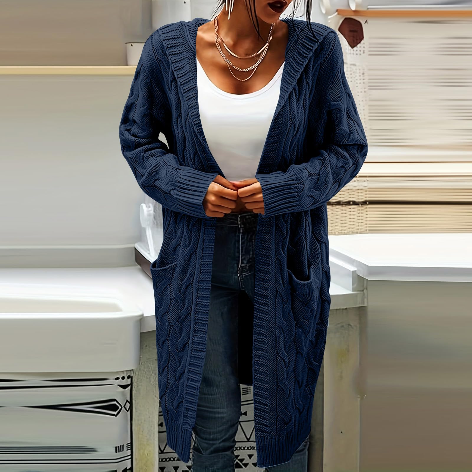 FUPODD Strickmantel Damen Lang Mit Kapuze Cardigan Winter Warm Strickjacken
