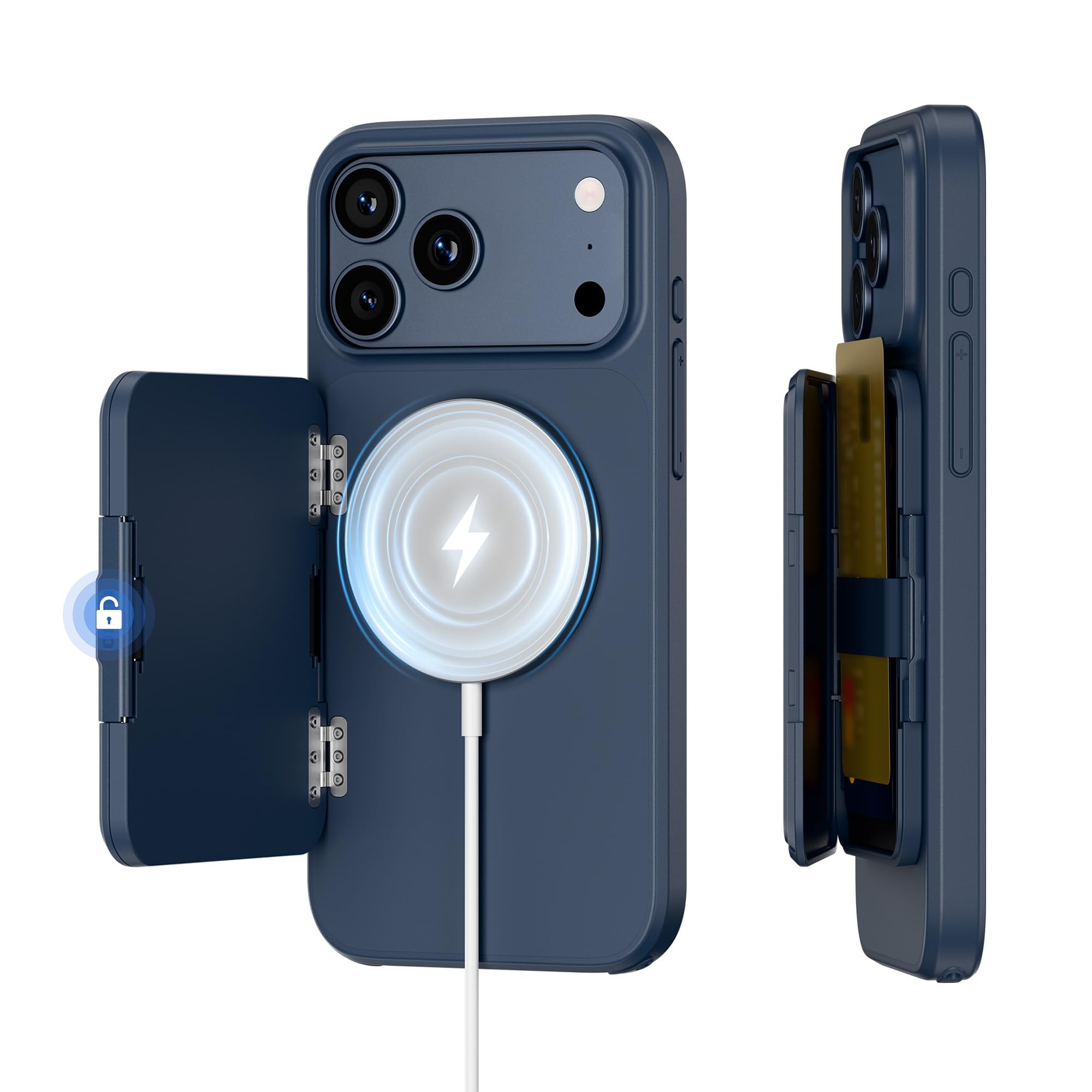 Étui robuste iPhone 17 Pro Max bleu anti-piratage RFID et support magnétique