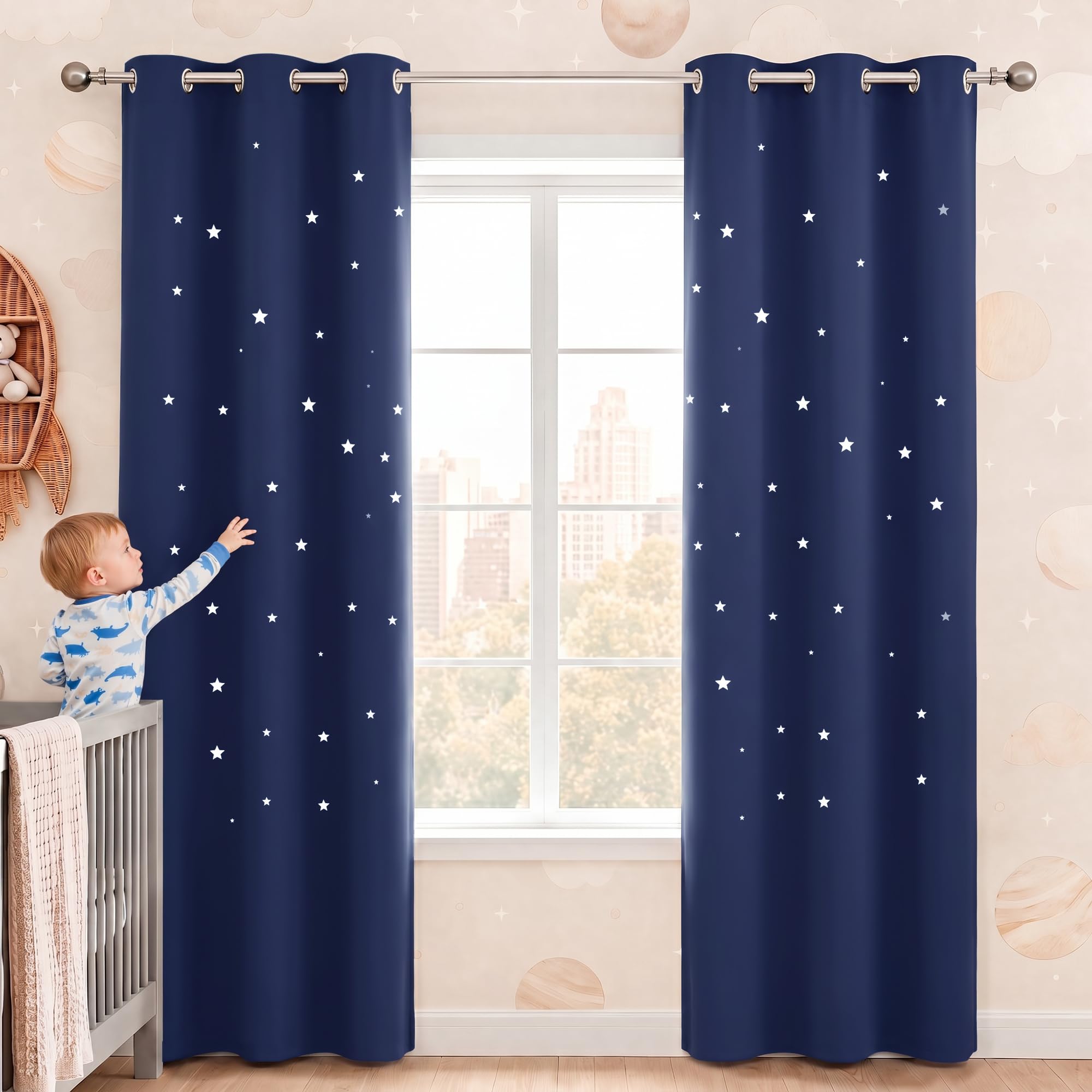 NICETOWN 84 Inch Blackout Star Curtains for Living Room, Navy Blue, 42 x 84
