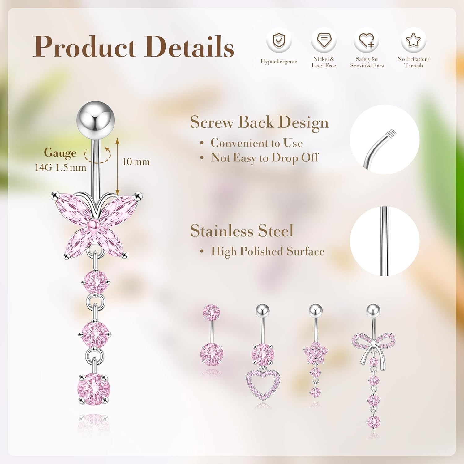 Gold/Silver Belly Button Rings Hypoallergenic,Surgical Stainless Pink CZ Opal Pearl Heart Butterfly Bow Flower Piercing Kit,Cute Dangle Belly Button Navel Pack Jewelry - Image 4