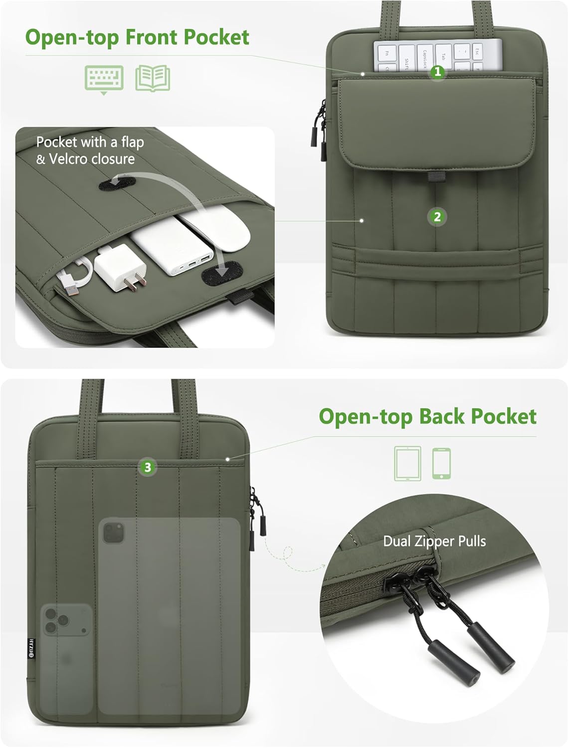 HYZUO 15-16 Inch Puffy Laptop Sleeve Padded Handbag for MacBook Pro 15/16, 15" 15.6" Dell/HP/Lenovo/Asus/Acer/Samsung Notebook Chromebook, Women Slim Shoulder Bags Work Daily Bag, Midnight Green - Image 3