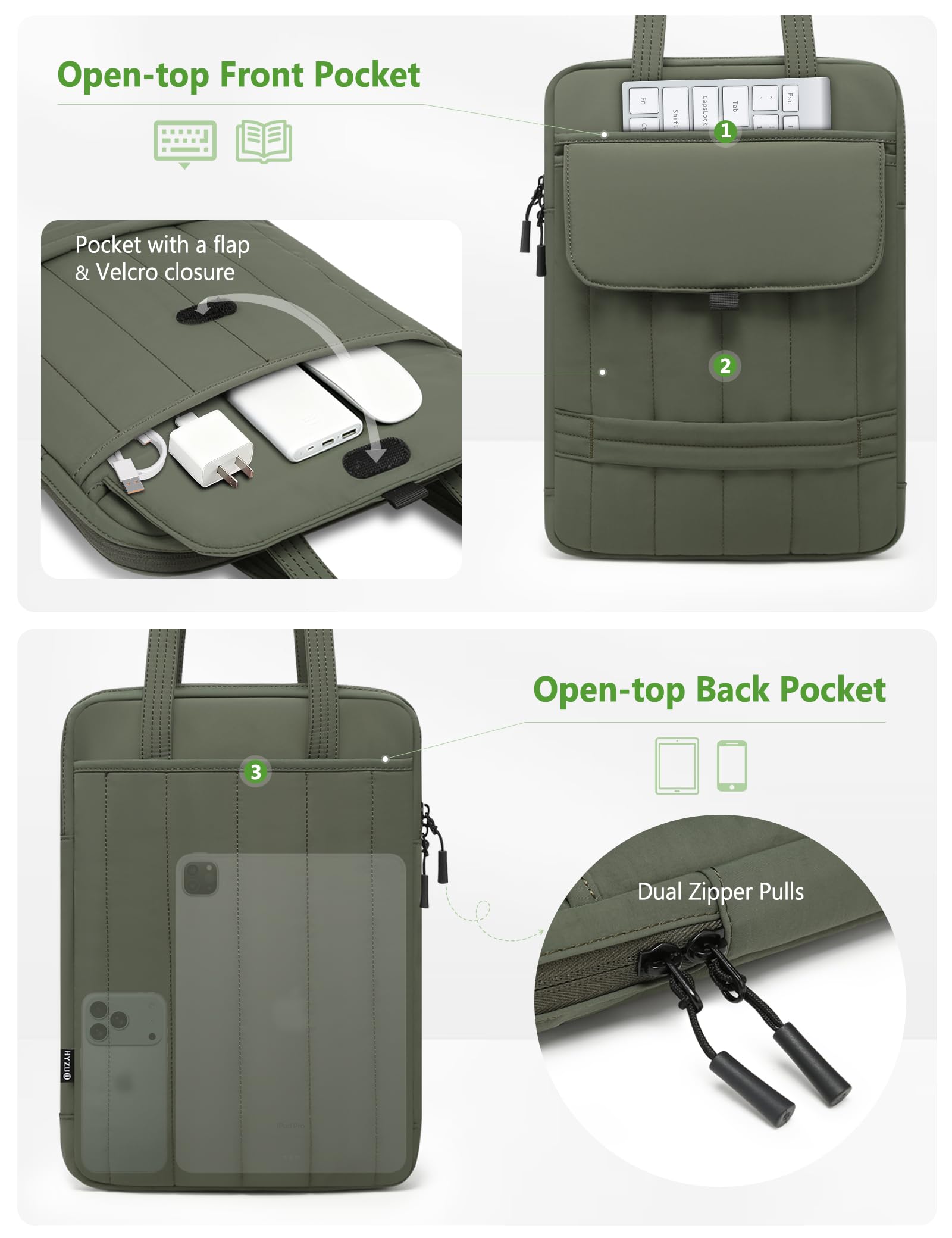 HYZUO 13,3-14 Pouces Housse Rembourrée Ordinateur Portable pour 13"-14" MacBook Pro/Air, 13" 13,3" Dell/HP/Lenovo/ASUS, Sacs à Bandoulière Slim pour Femmes Sac de Travail Quotidien, Vert Minuit
