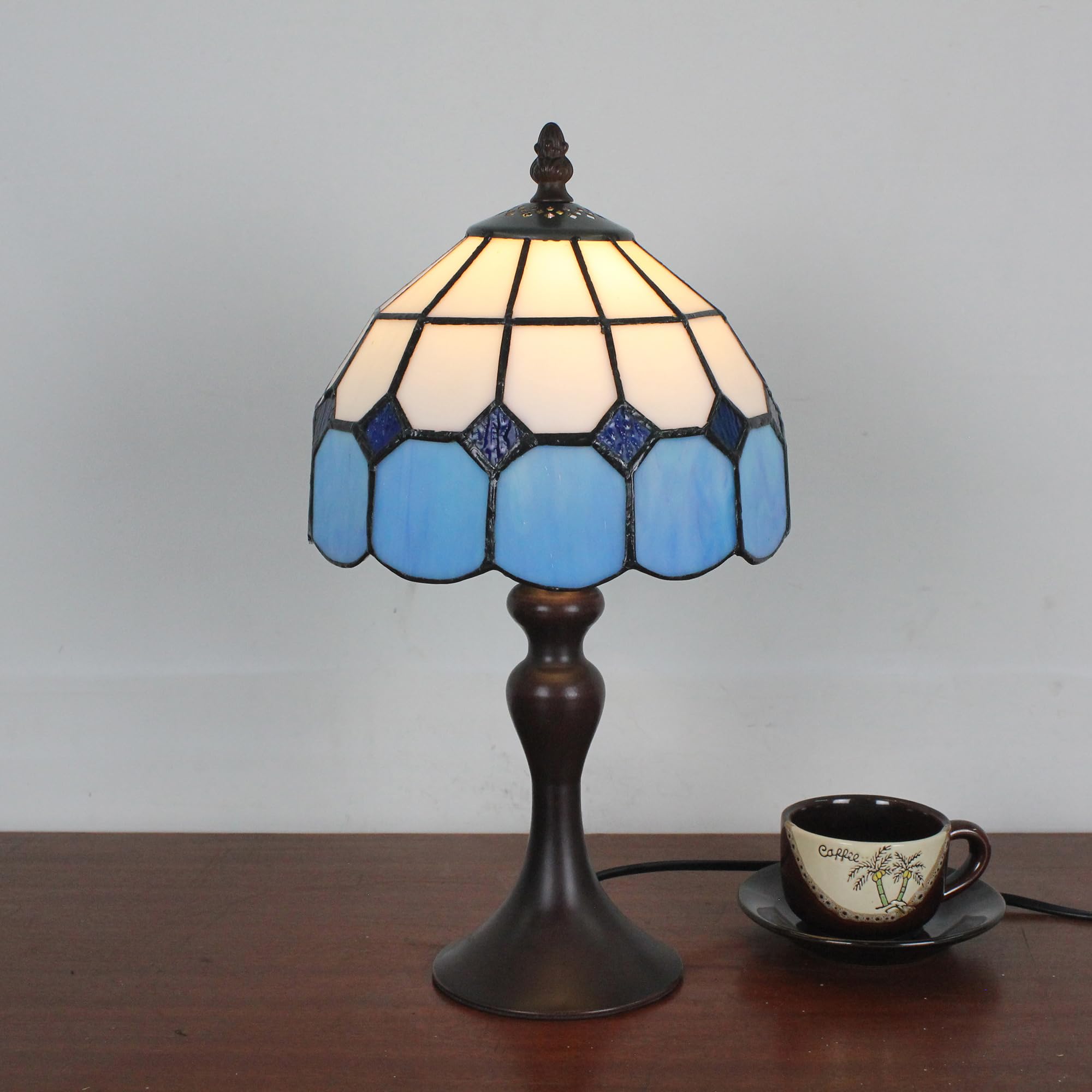 Tiffany Tischlampe Mediterraner Stil Blau, Mehrfarbiges Glas Mini Lampe für Schlafzimmer, 8 Zoll Klassisch Handgemacht Tischlampe Vintage für Kinderzimmer [Ohne Glühbirnen]