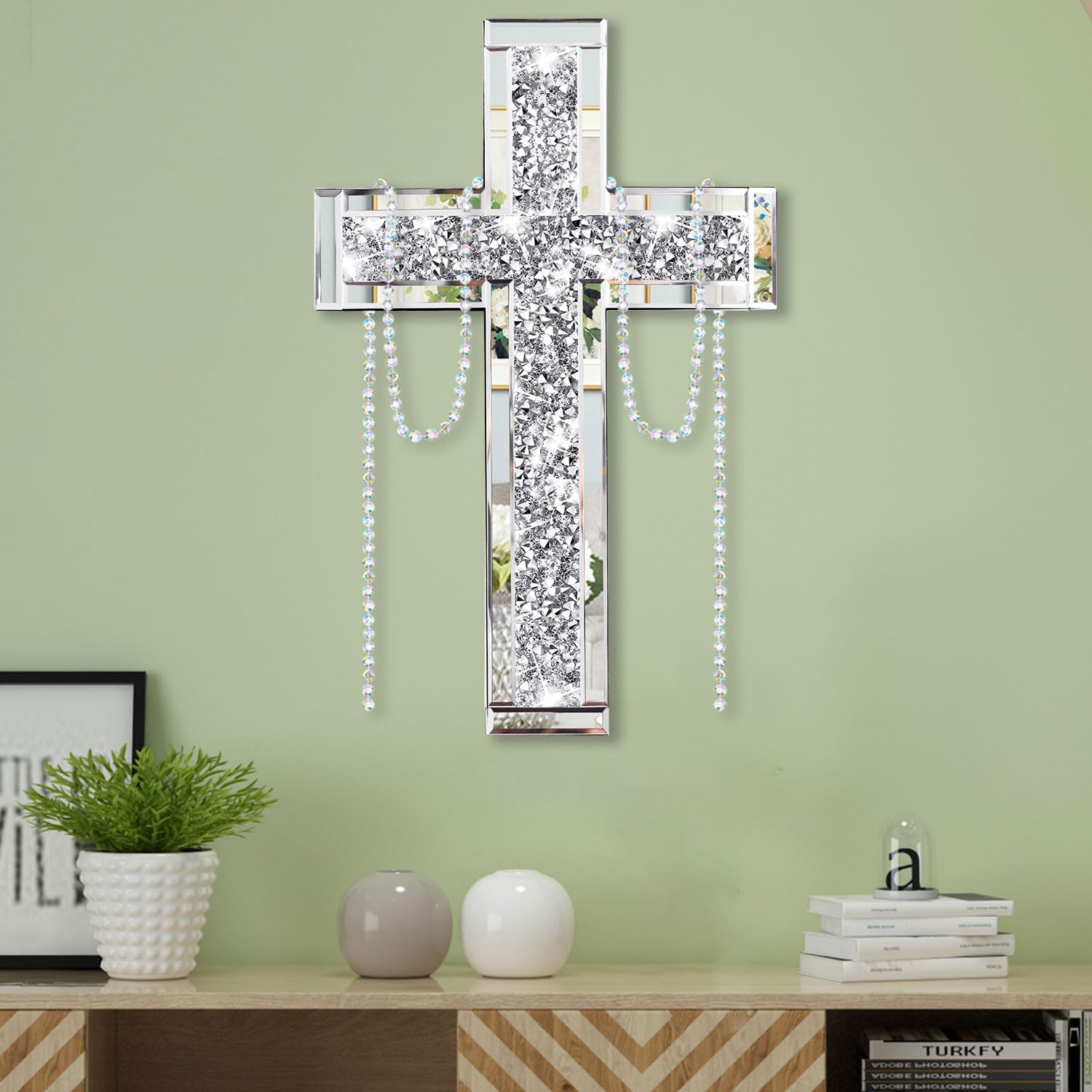 Uaussi Crushed Diamond Wall Cross with Mirror & Beads 20×12.5 Inch Decorative Crystal Cross for Wall & Table Accent Sculpture Art Home Décor