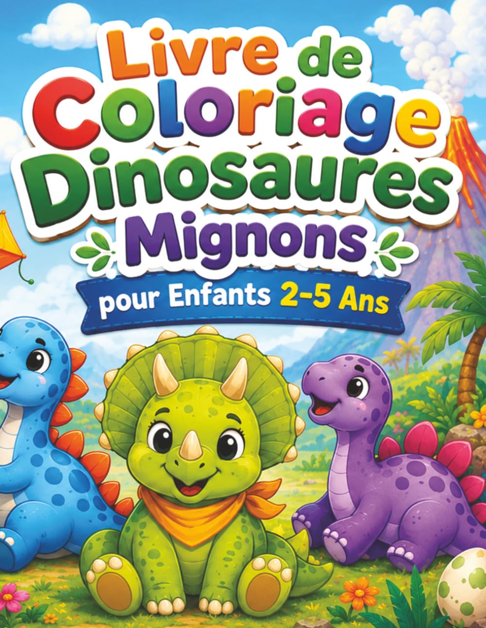 Livre de Coloriage Dinosaures Mignons pour Enfants 2-5 Ans: 50 dessins simples et adorables à colorier avec grands contours épais, bébés dinosaures, ... et activités calmes pour tout-petits