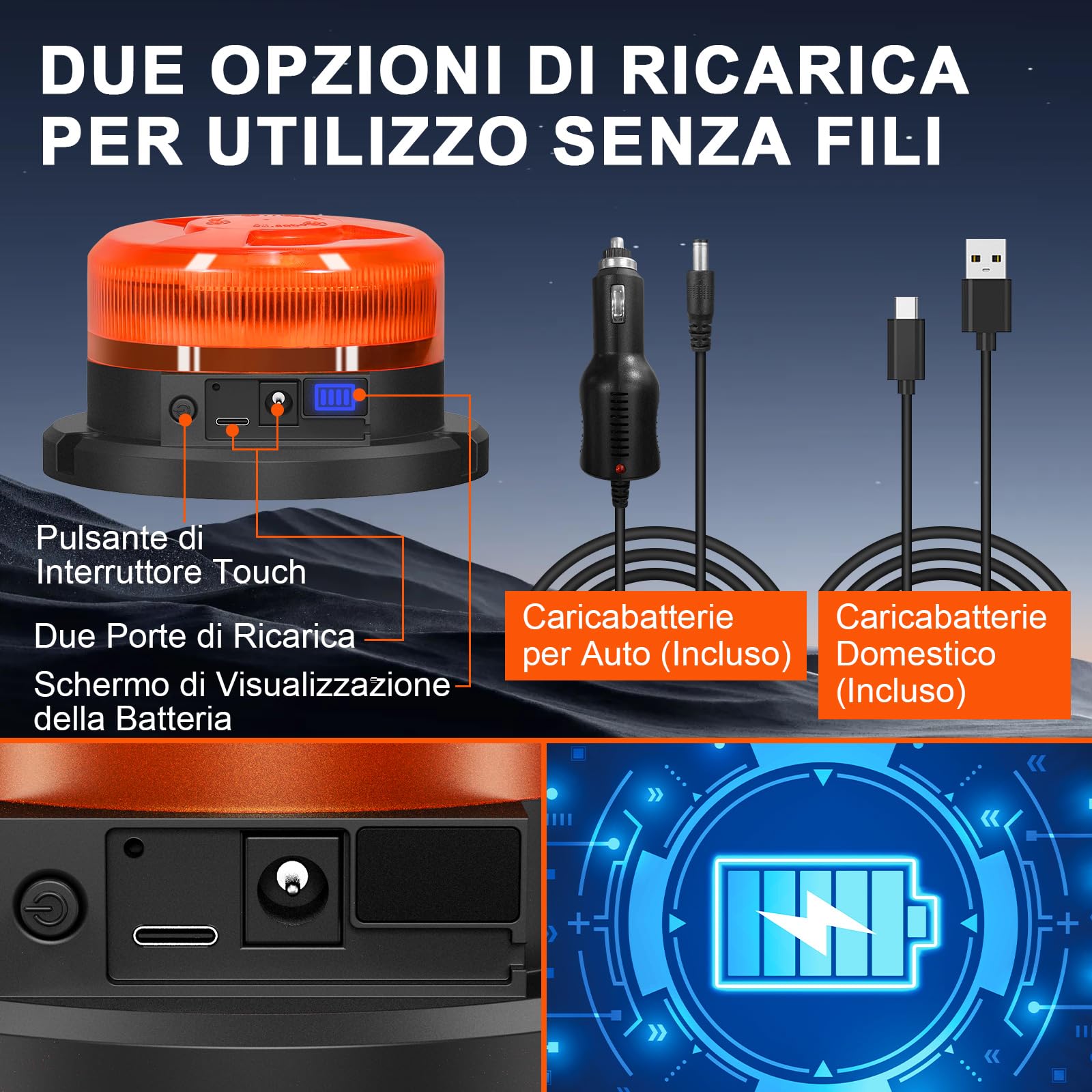 AnTom Lampeggiante Trattore LED Ricaricabile 12V 24V 9 Modalità di Lampeggio con Magneti, Luce di Avvertimento Gialla, Cavo di Ricarica Auto e USB con Indicatore Batteria per Auto, Trattore, SUV