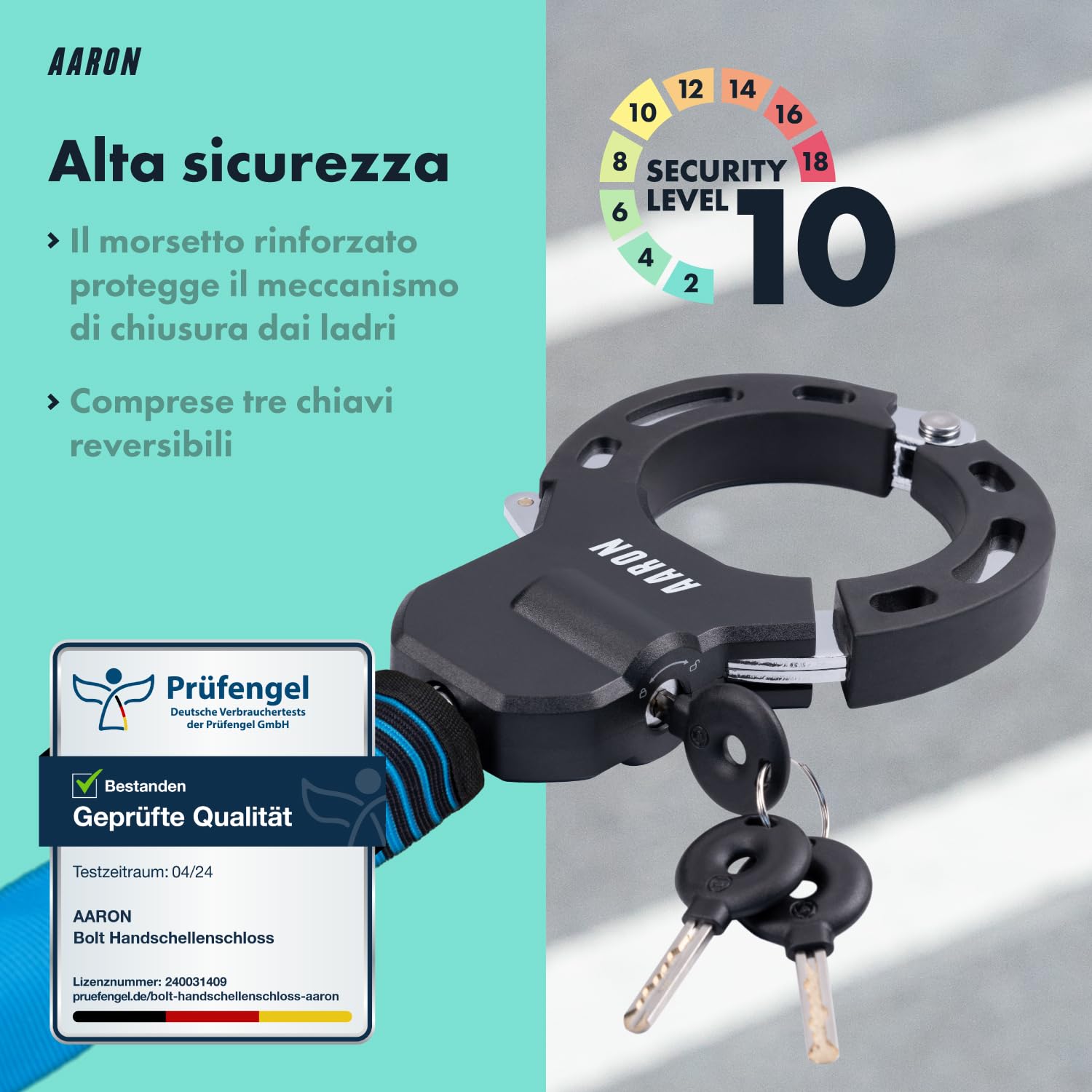 AARON Lucchetto con manette per scooter elettrico – design ad alta sicurezza – Lucchetto flessibile per bicicletta con catena in acciaio – Robusto e antigraffio (blue)