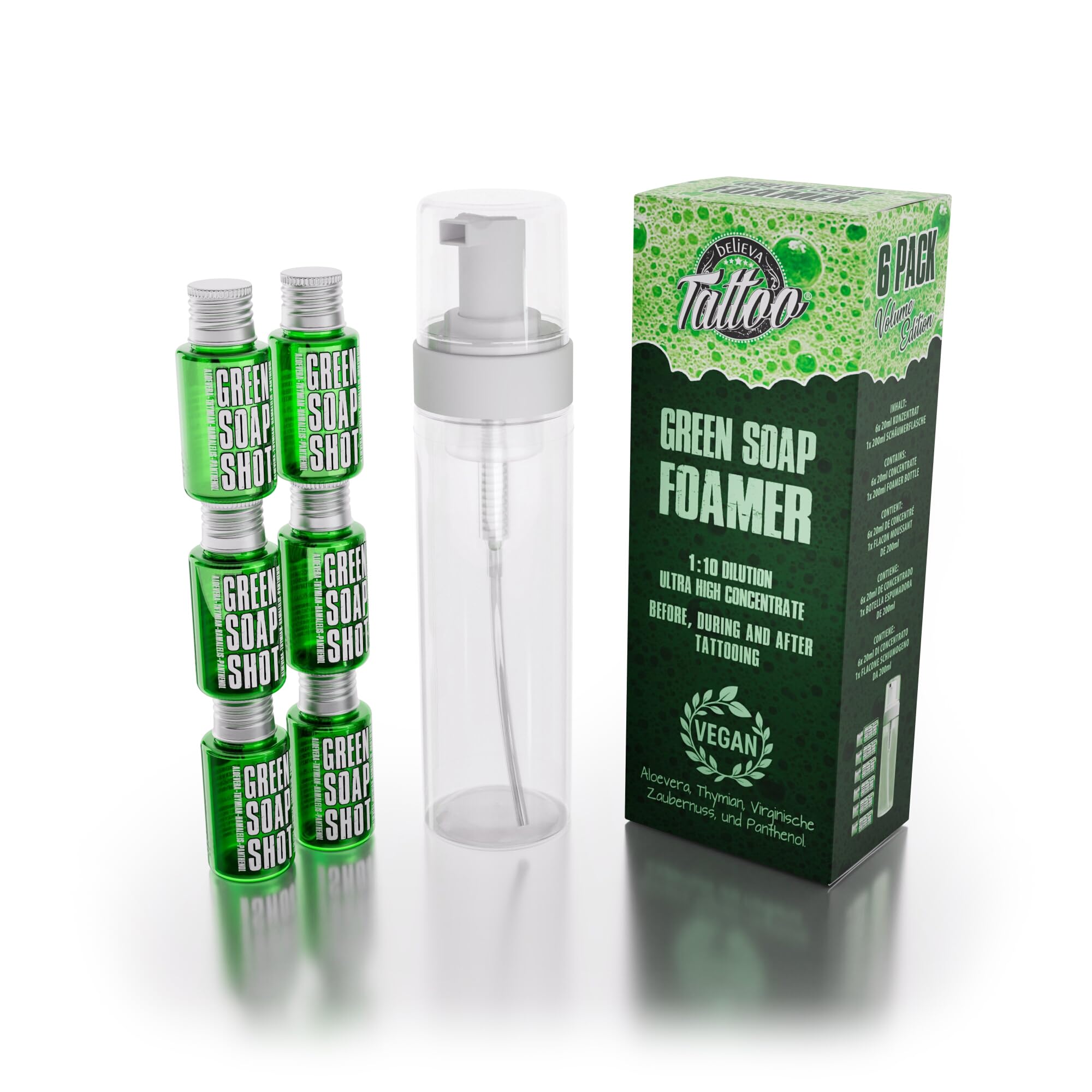 Believa Tattoo Green Soap Concentrado 6 x 20 ml + Foamer