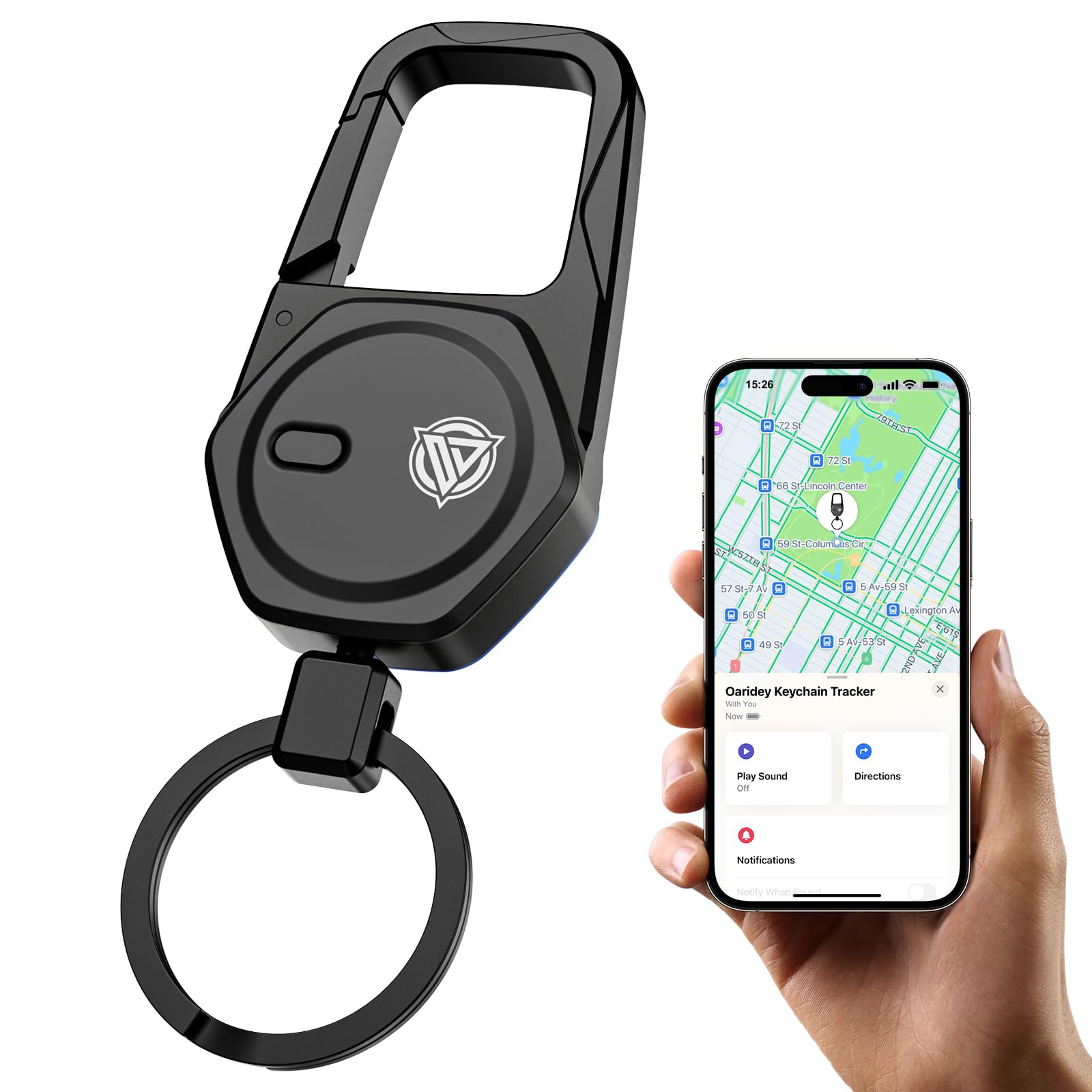 Oaridey Keychain, Works with Apple Find My, Carabiner Car Key Chain with GPS Tracker, Heavy Duty Key Finder for Luggage, Bags, Anti-Lost Key Tracker with 2-Year Battery Life, High-Precision, Black