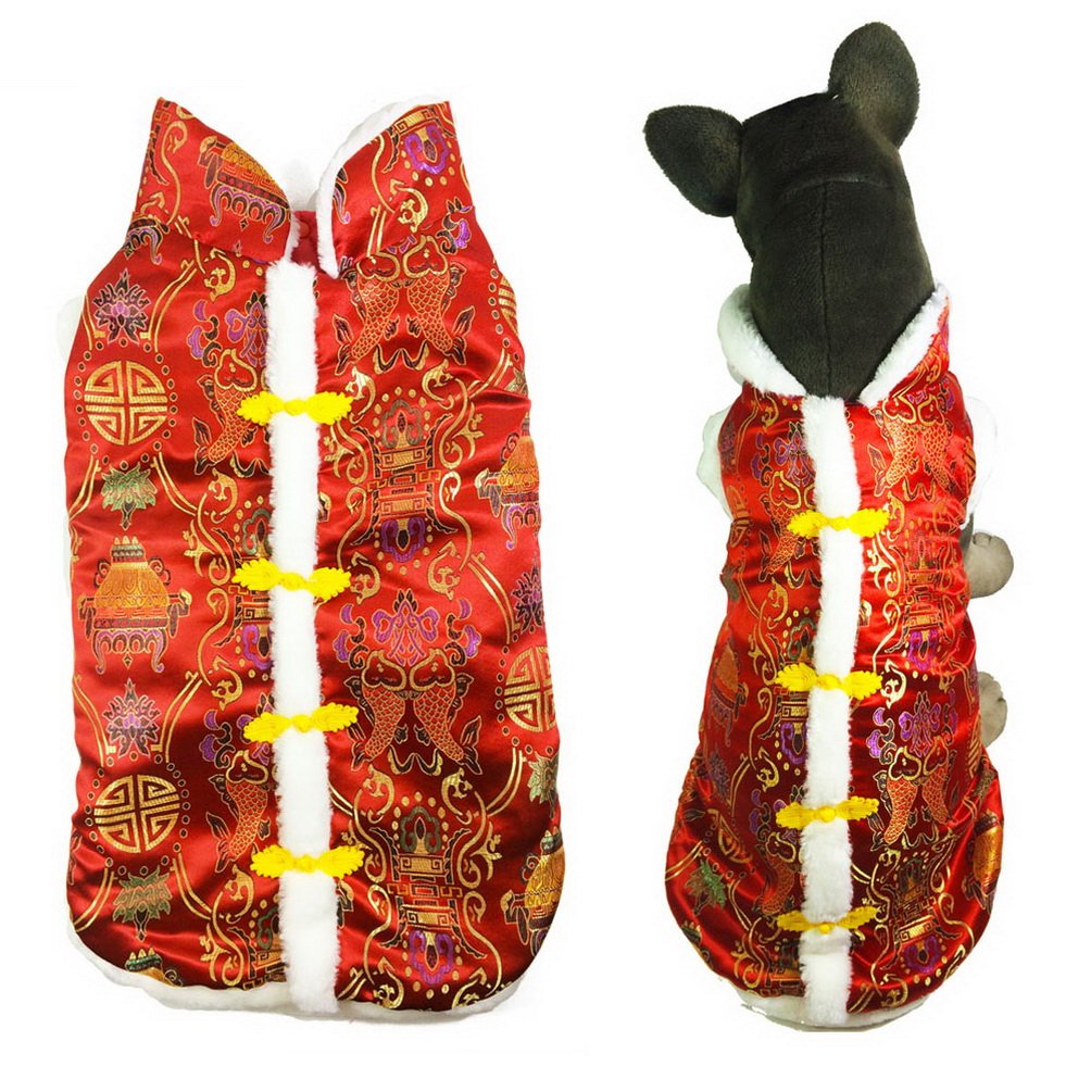 SELMAI Dog Costume Chinese New Year Style Tang Print Jacket Medium Dog Clothes Winter Red 2XL