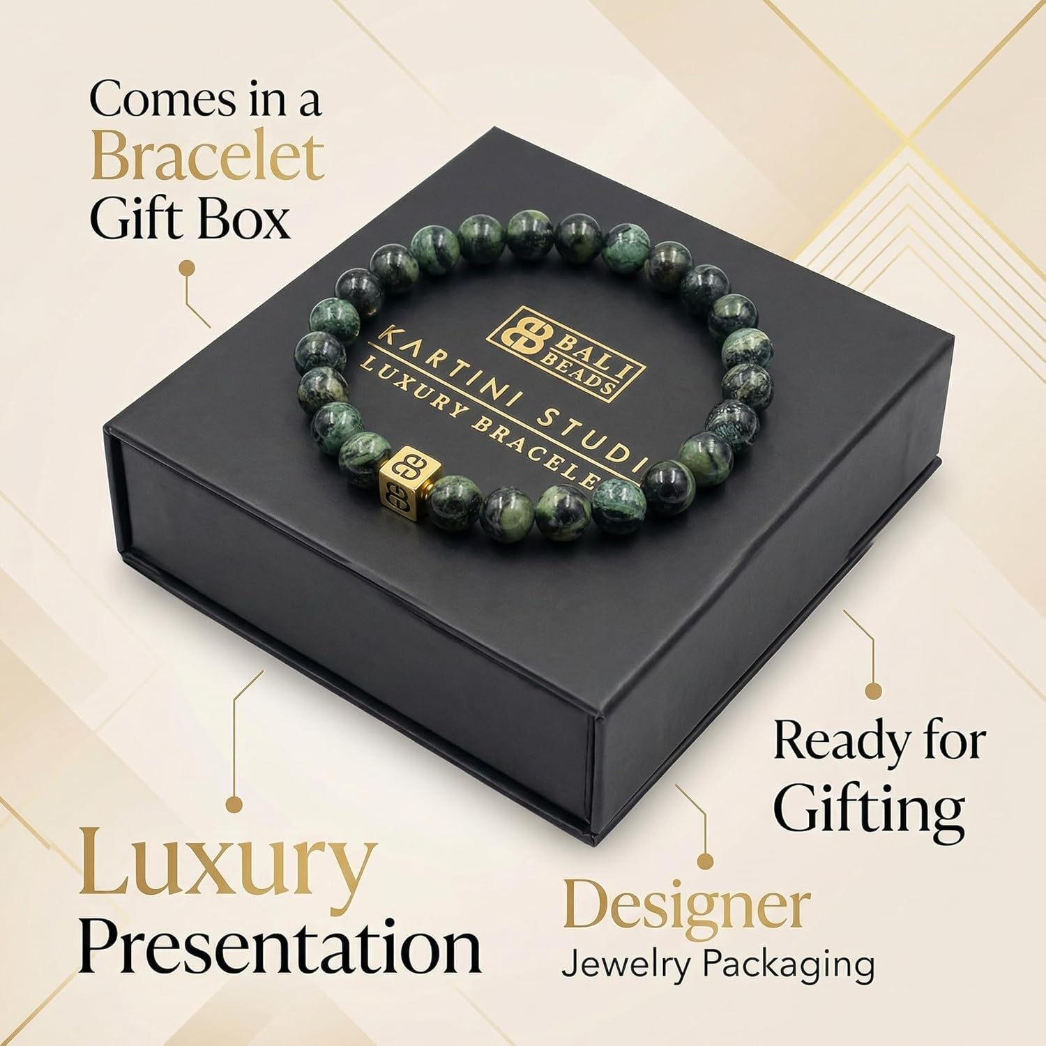 Kartini Studio Dark Green Jade and 22 Karat Gold Bracelet, Men's Jade Bracelet, Quality Bead Jewelry for Man