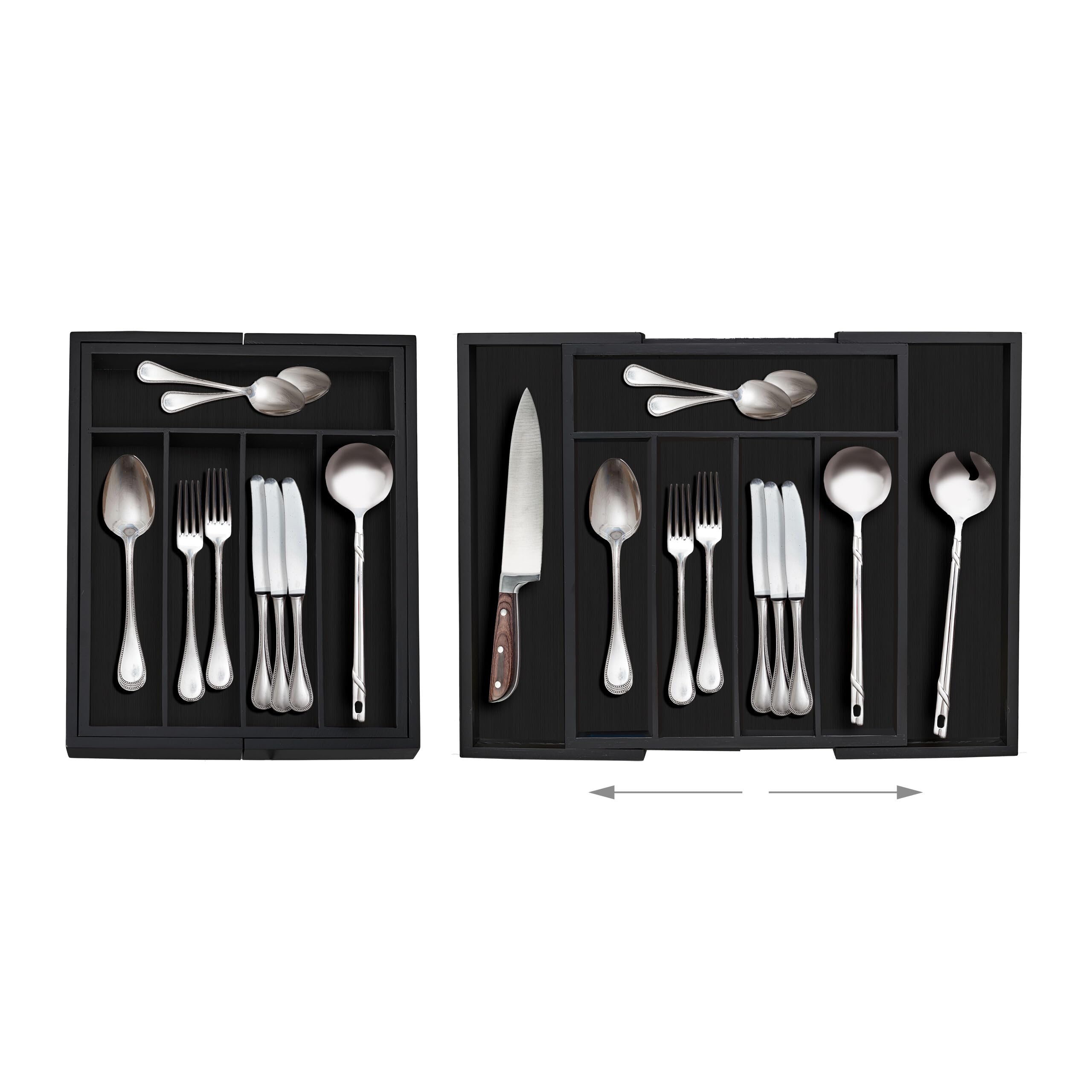 Relaxdays Portaposate da Cassetto in bambù, Regolabile, 7 Scomparti, Utensili da Cucina, 5,5 x 31,5-48,5 x 37 cm, Nero