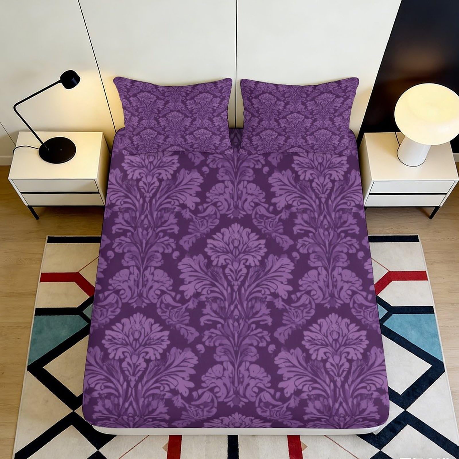 3D Printed Purple Damask Fitted Sheet Microfiber Soft Breathable Baroque Floral Mattress Cover for Bedroom Dorm Decor 120x200x25cm
