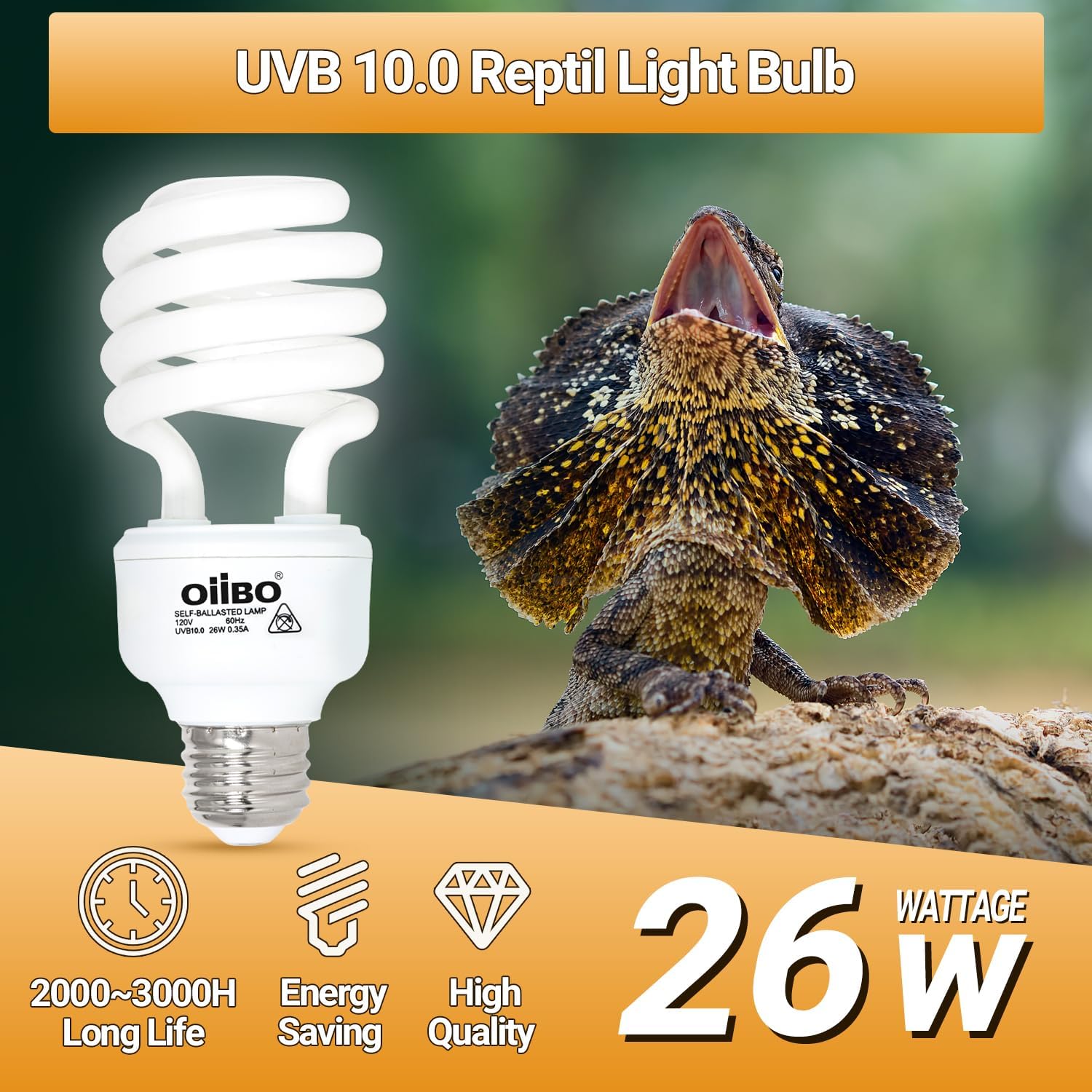 Oiibo 100W Reptile Heat Lamp Blub and 26W 10.0 UVB Reptile Light Combo Pack, Basking Spot Light UVA Heat Lamp Bulb and 26W Energy Saving UVB UVA Light for Reptiles Bearded Dragon,Turtles,Lizard