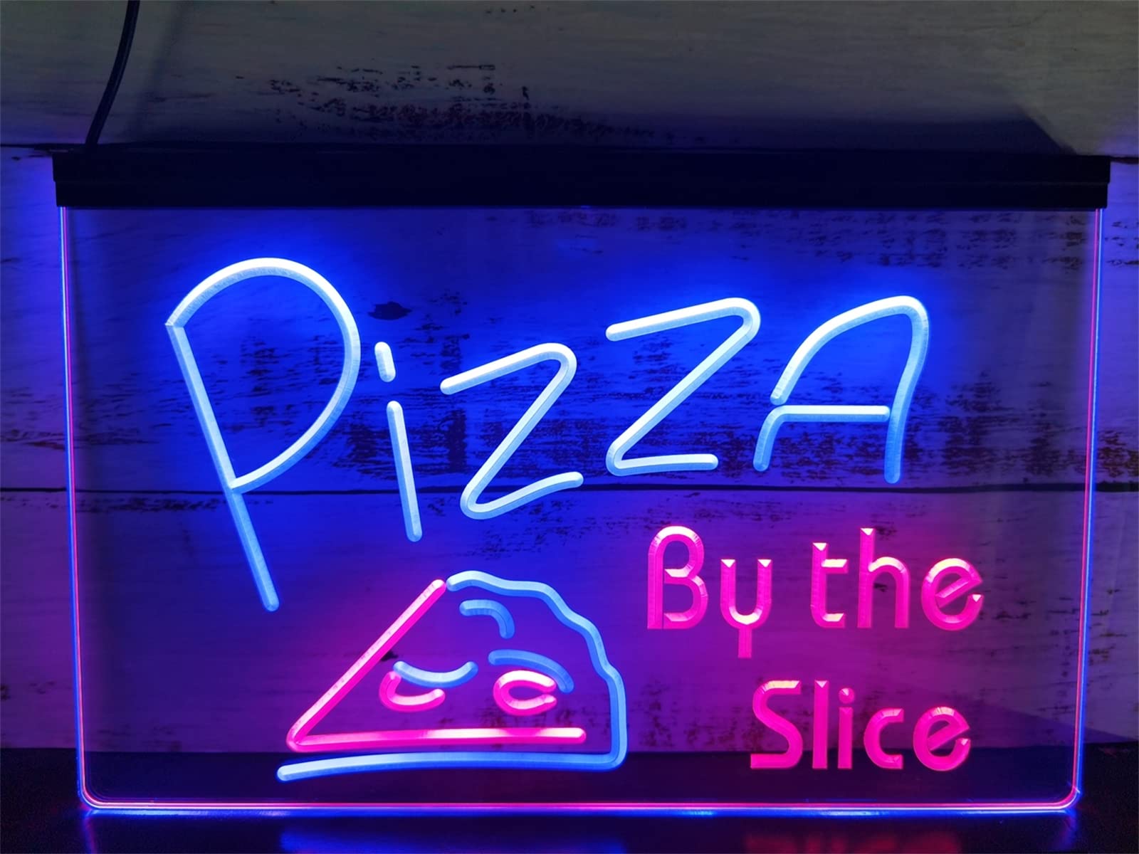 REWIS Pizza by The Slice LED Neon Sign, USB Powered Neon Lights with Dimmer, for Pizza Fast Food Restaurant Hanging Signboard,Blue Red,40x30cm