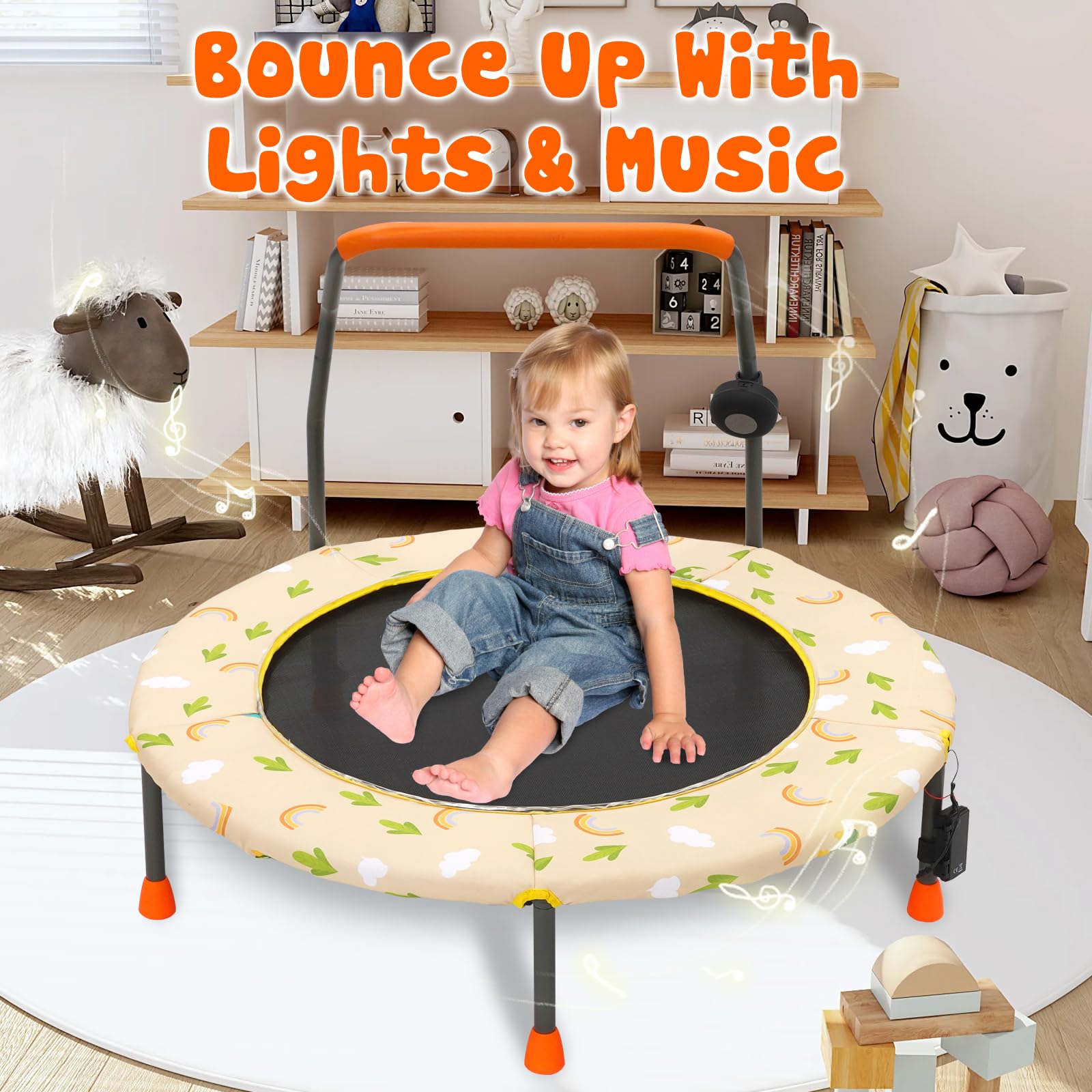 Trampolin Kinder Indoor Outdoor Mini Kindertrampolin mit Verstellbarer Haltegriff Gepolsterter Sicherheitsabdeckung, Trampolin Klein für ab 3 Jahre