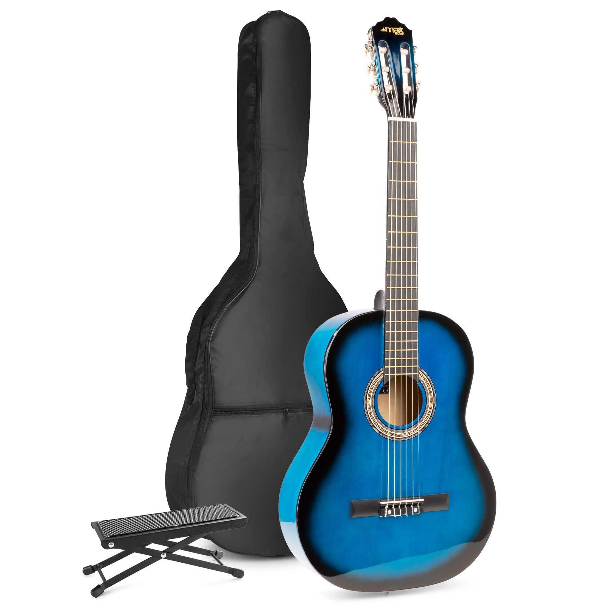 MAX SoloArt Guitarra Clásica Azul para Principiantes y Adultos - Set Completo con Funda, Reposapiés, Afinador Digital, Cuerdas Extra, Correa y Púas - Sonido Cálido y Estilo Moderno