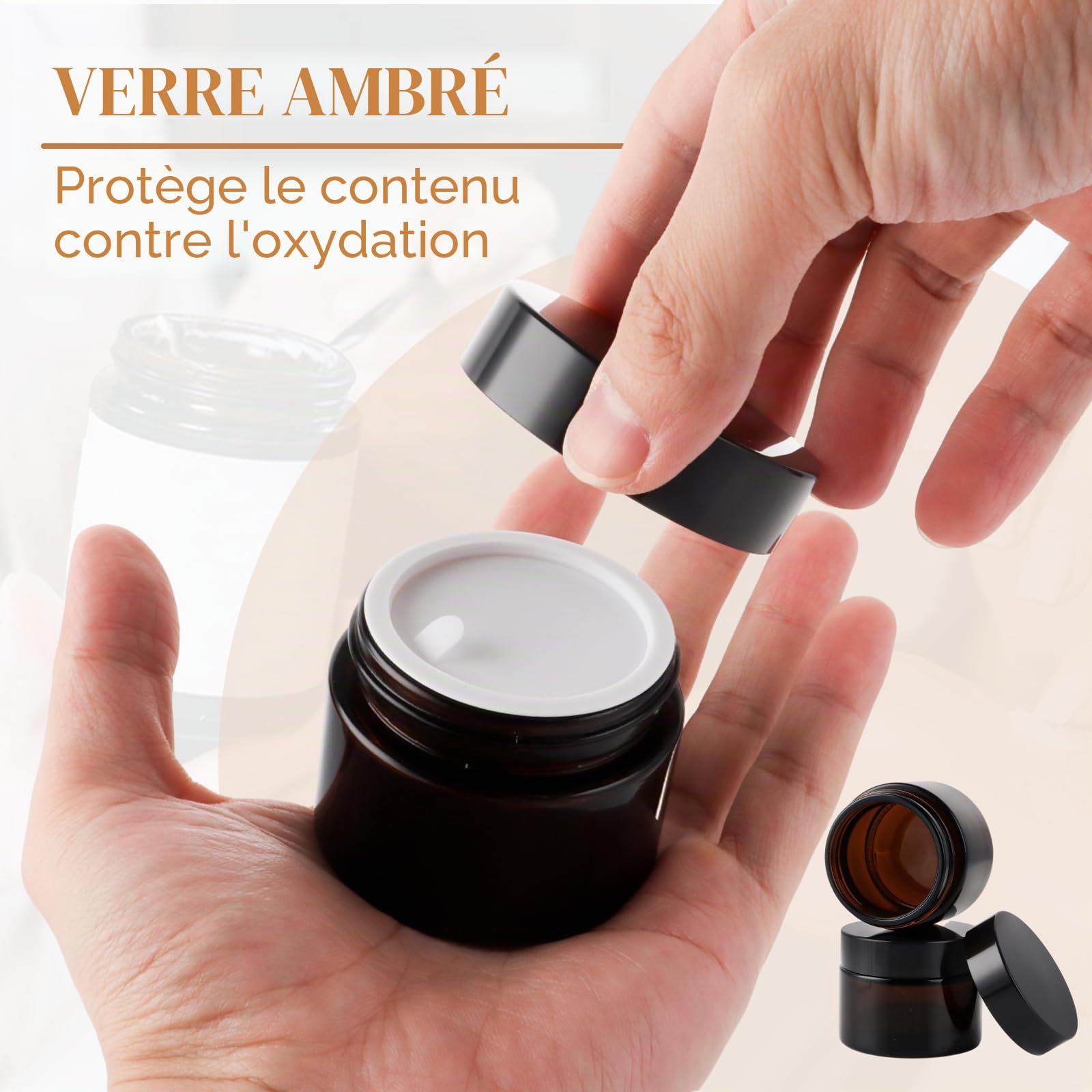 YAYODS Lot de 20 Pot de Crème en Verre Ambré 50ml - Vide et Rechargeable avec Couvercle Noir - Récipient Cosmétique Anti-UV Sans BPA pour Crème, Lotion, Huiles Essentielles - Kit de Voyage avec Étique