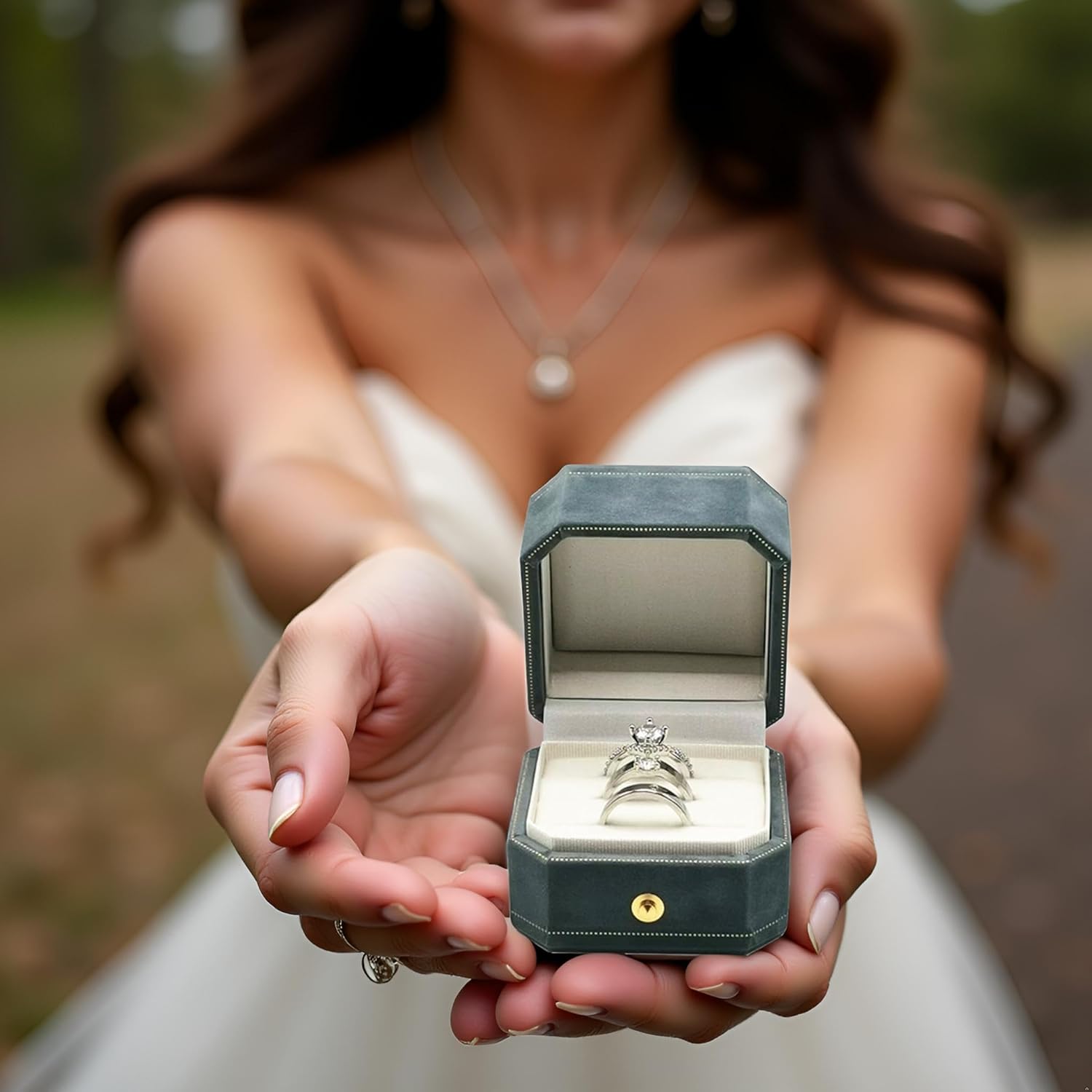 Velvet Wedding Ring Box - Octagon 3 Slots Engagement Ring Boxes with Hinged Lid for Proposal Engagement Wedding, Proposal Ring Box with Gold Lace-PRB003-Lake Blue - Image 6