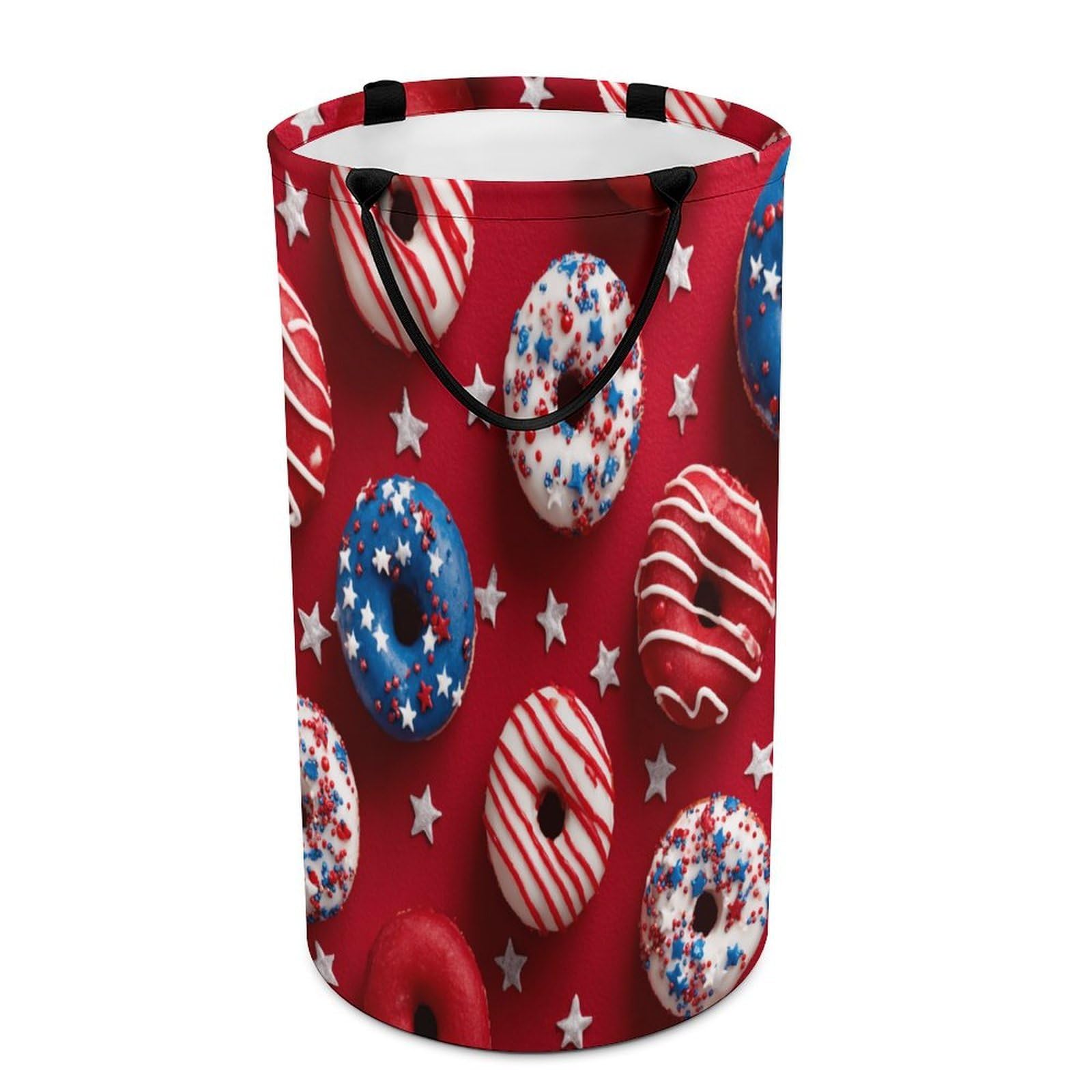 LUYYSKY Rustic Cartoon Patriotic Donut Versatile Storage Laundry Basket, Retro Painting Art Food Donut Star Pattern Large Capacity Bathroom Hamper With Handle