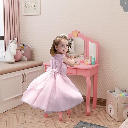 Miniatura 5 de JOYMOR Juego de tocador para niños con espejo tocador de maquillaje de princesa 2 en 1 y taburete con cajón mesa de tocador sólida para niños con