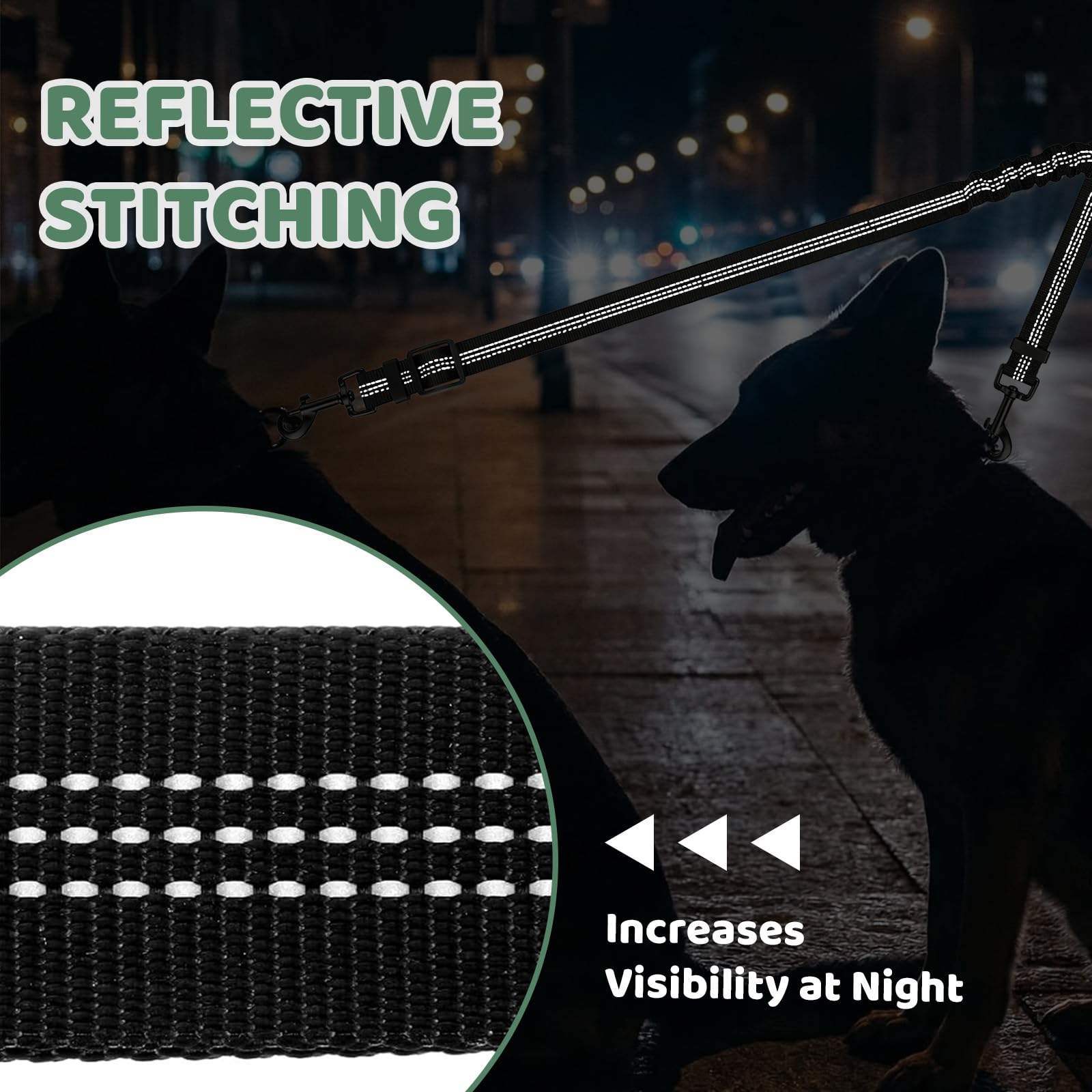 Double Dog Leash for 2 Dogs - No Tangle 360°Swivel Splitter with Reflective Stitching, Adjustable Length and Stretchy Shock-Absorbing Comfort, for Small/Medium Dogs Walking Training (S(2.0cm) - 5