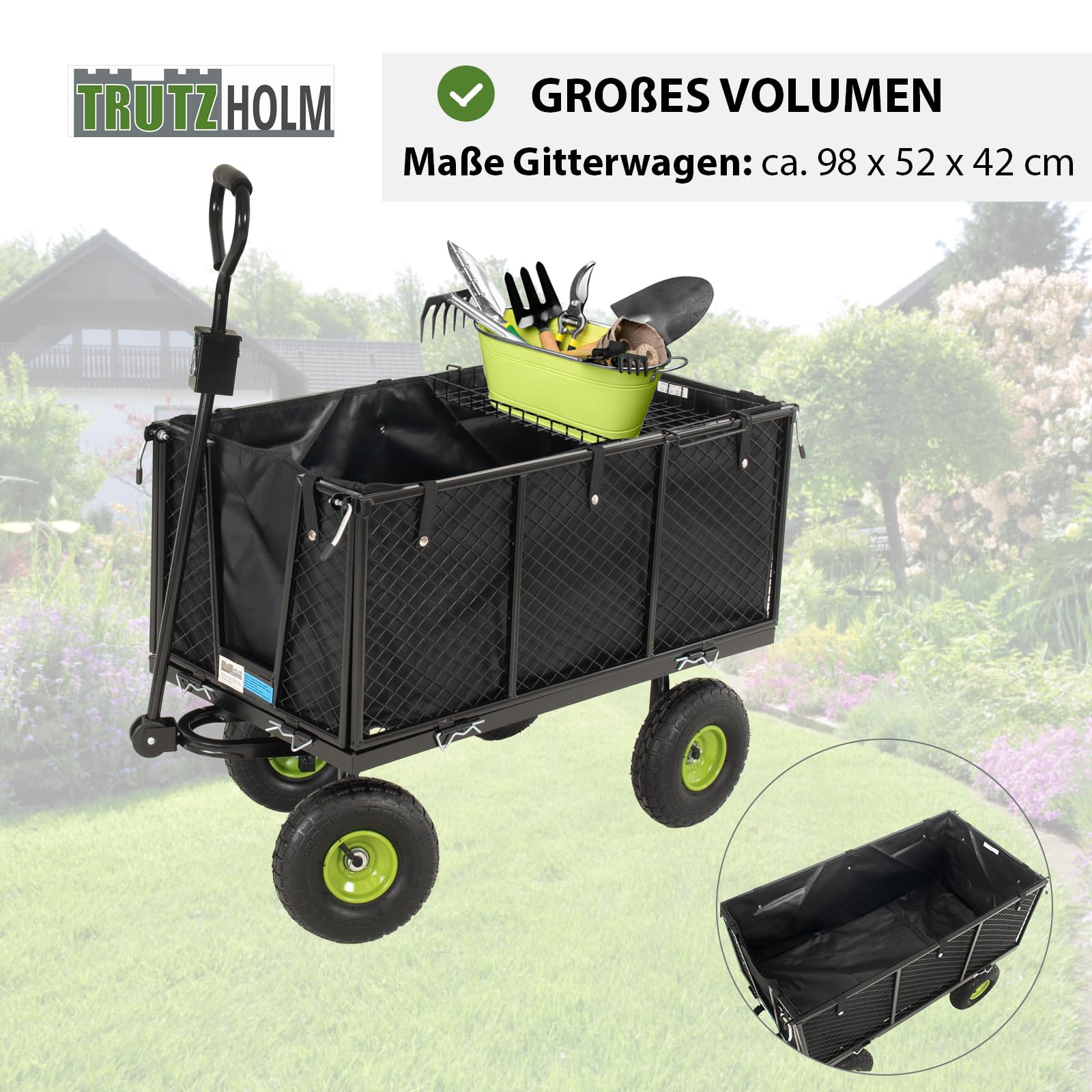 TRUTZHOLM Bollerwagen herausnehmbare Plane bis 550kg belastbar Handwagen Gitterwagen Gartenwagen Transportwagen | mit Rasentraktorkupplung an der Deichsel oder Handgriff gepolstert