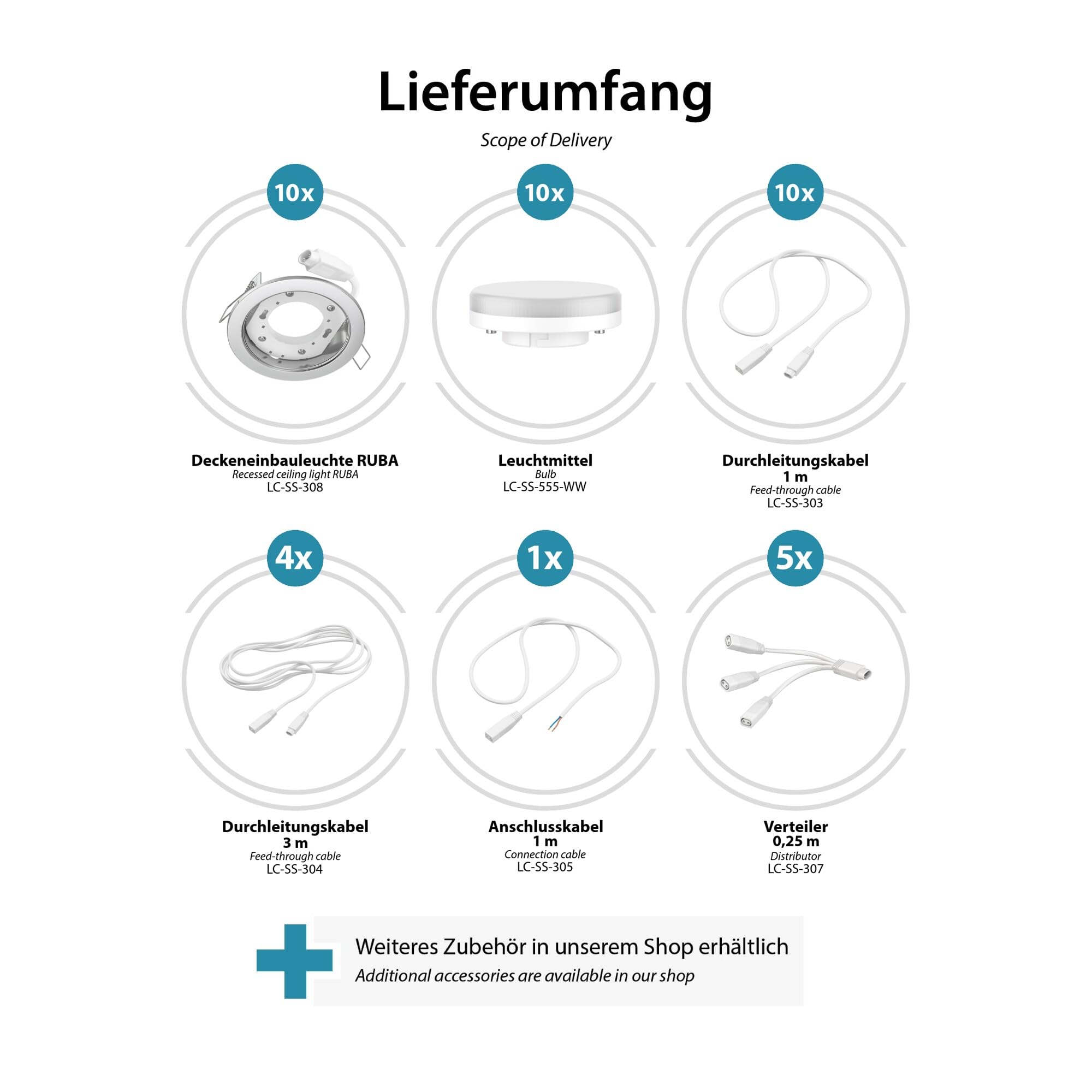 ledscom.de LED Decken-Einbaustrahler RUBA chrom matt GX562W je 509lm warmweiß rund flach 107mm Ø Lochkreis ca. 83-100mm Ø 10er Set